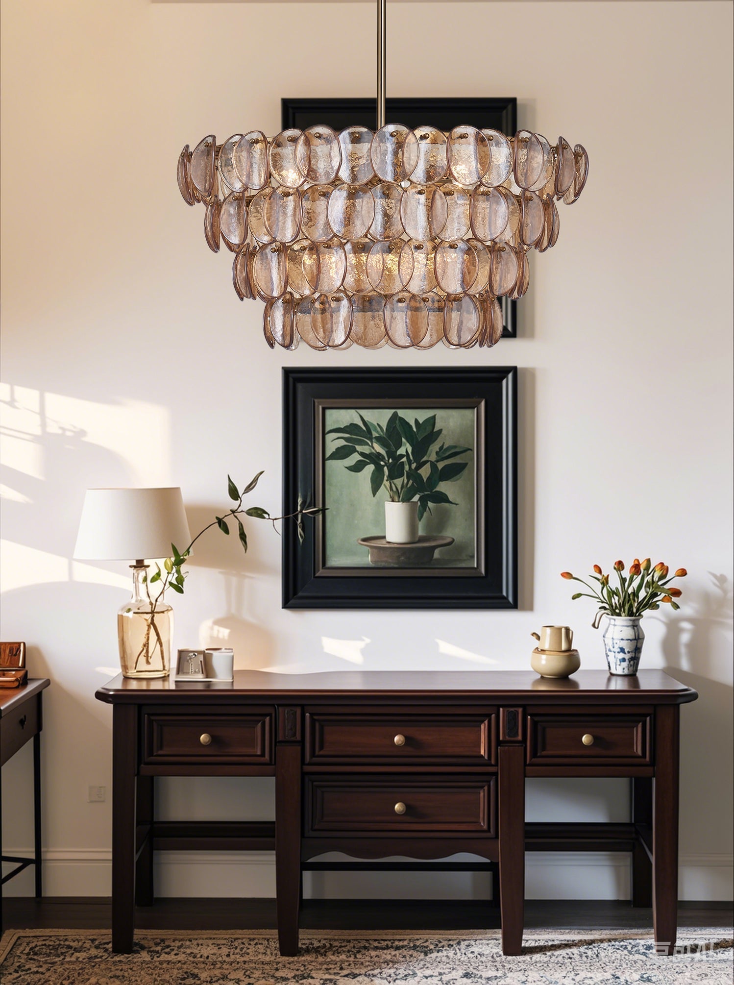 Aurora Chandelier Amber Glass Disc Fish Scale Brass