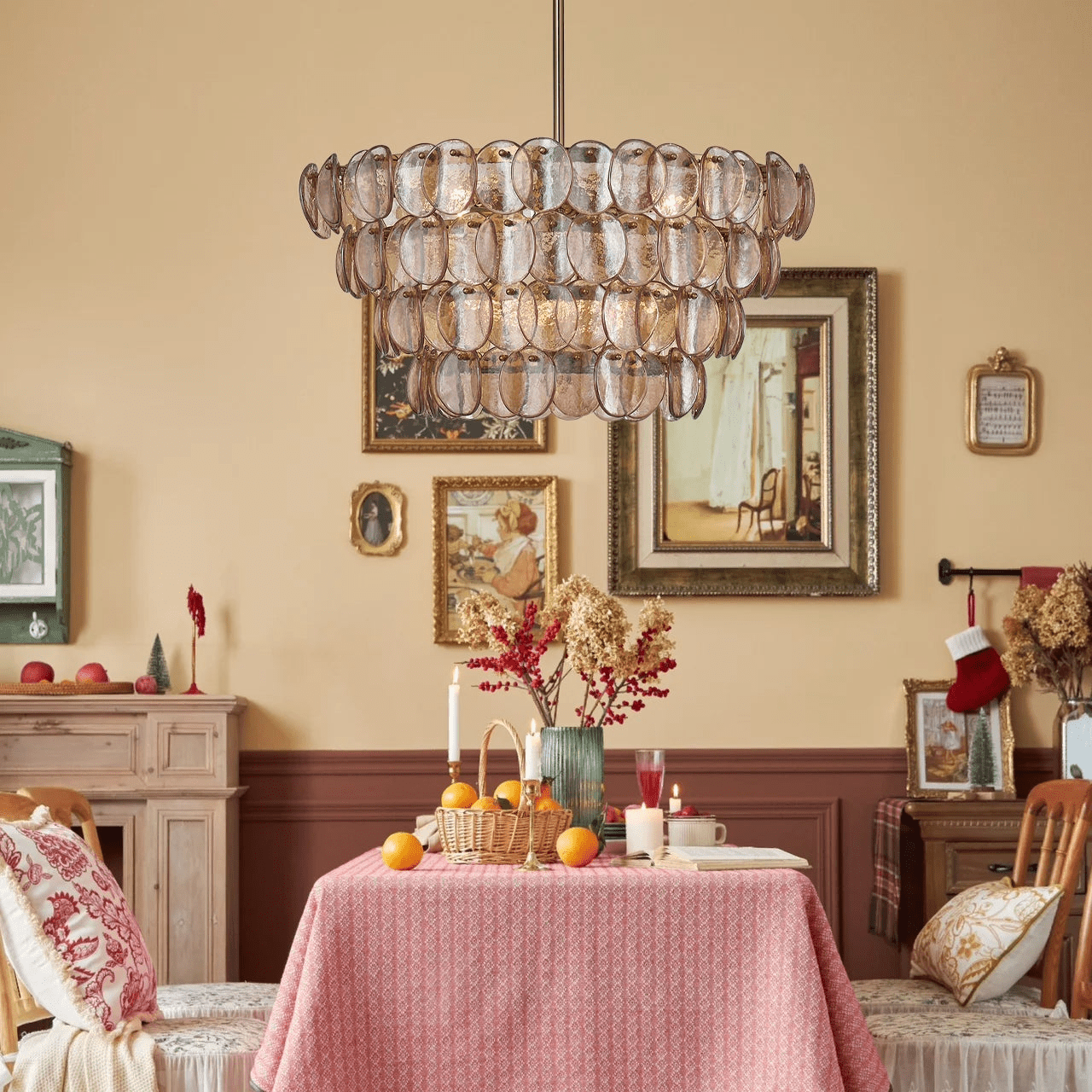 Aurora Chandelier Amber Glass Disc Fish Scale Brass