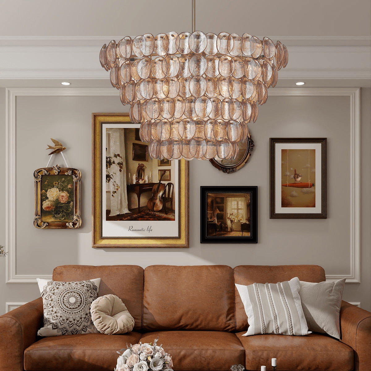 Aurora Chandelier Large Amber Glass Disc Fish Scale Brass