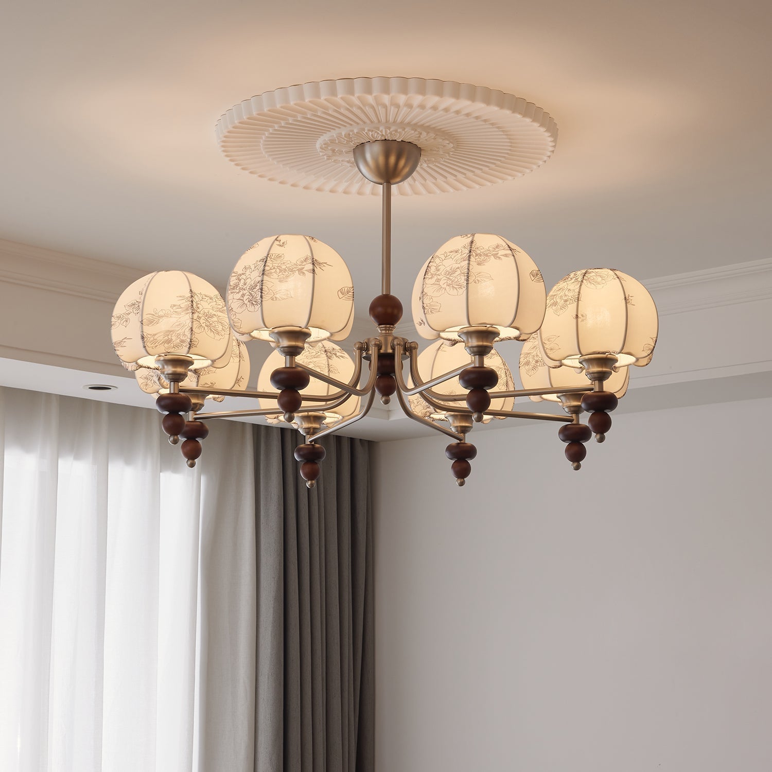 Comirisra Premium Traditional Petal Fabric Wood Chandelier - Letslighting