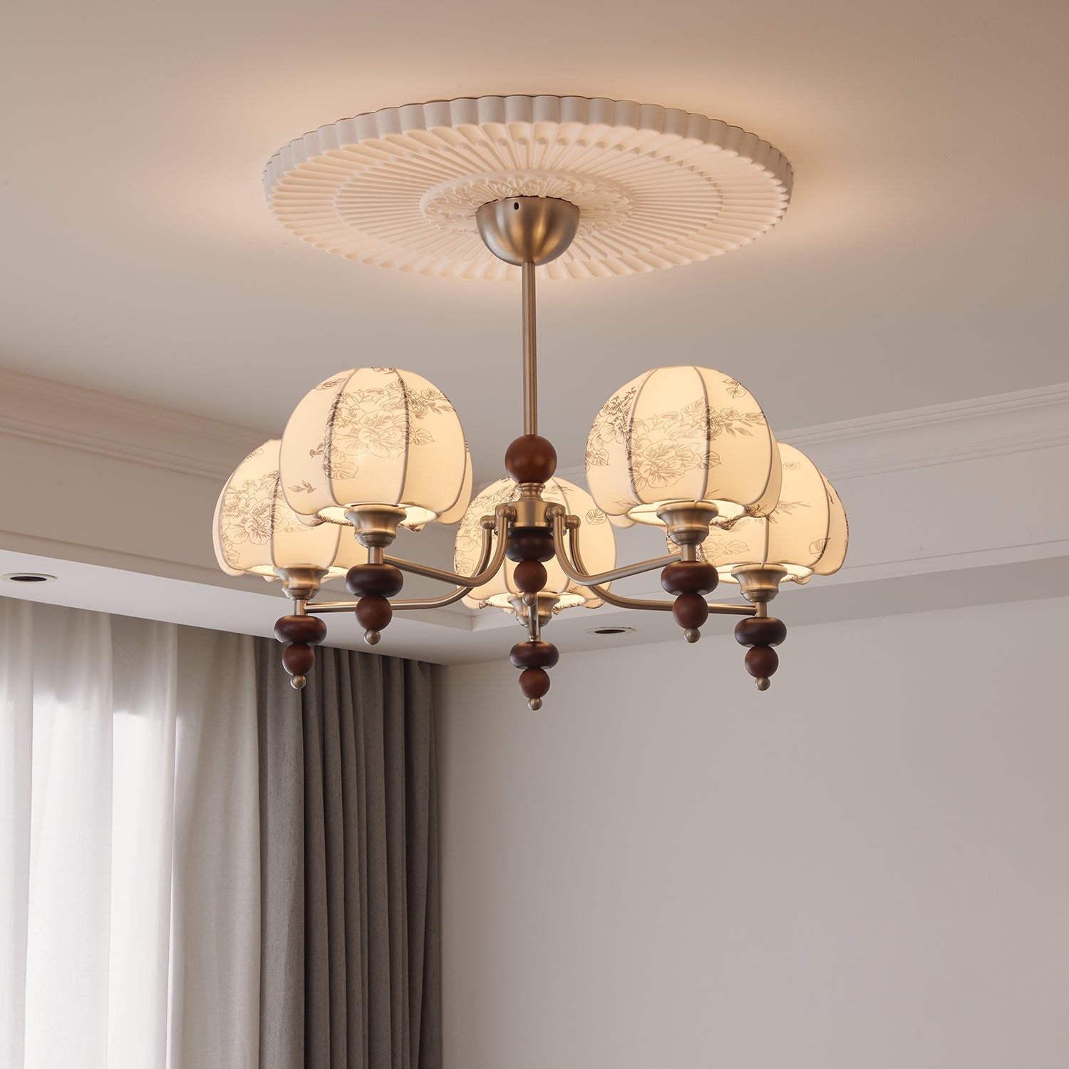 Comirisra Premium Traditional Petal Fabric Wood Chandelier - Letslighting
