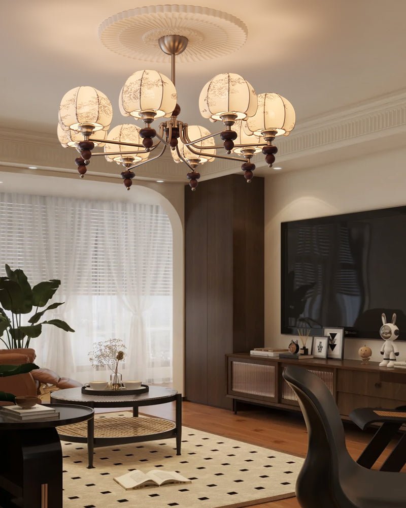 Comirisra Premium Traditional Petal Fabric Wood Chandelier - Letslighting