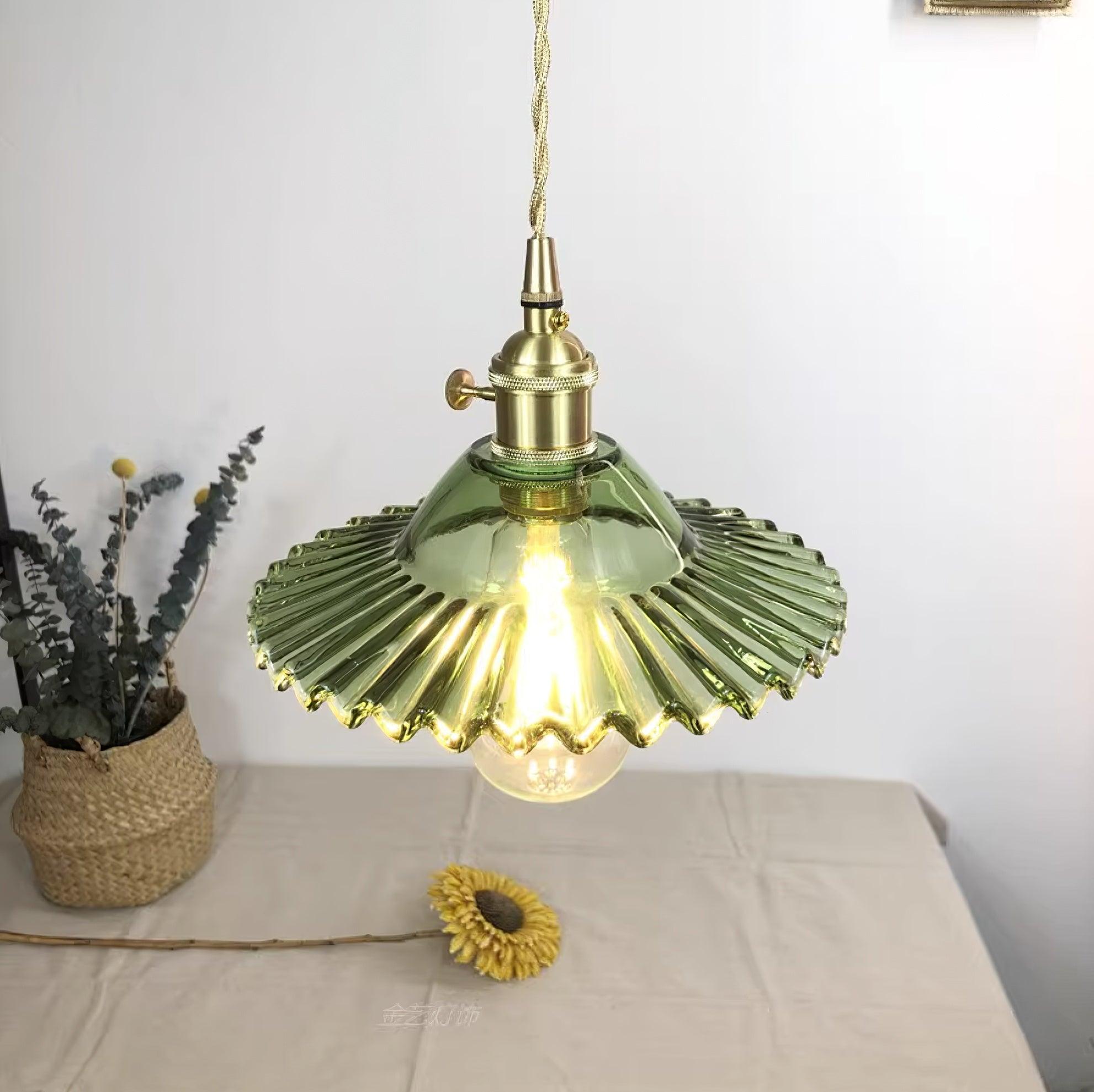 Pendant Lamp Ruffled Glass Shade Scalloped Edge Brass Accents Retro - Letslighting