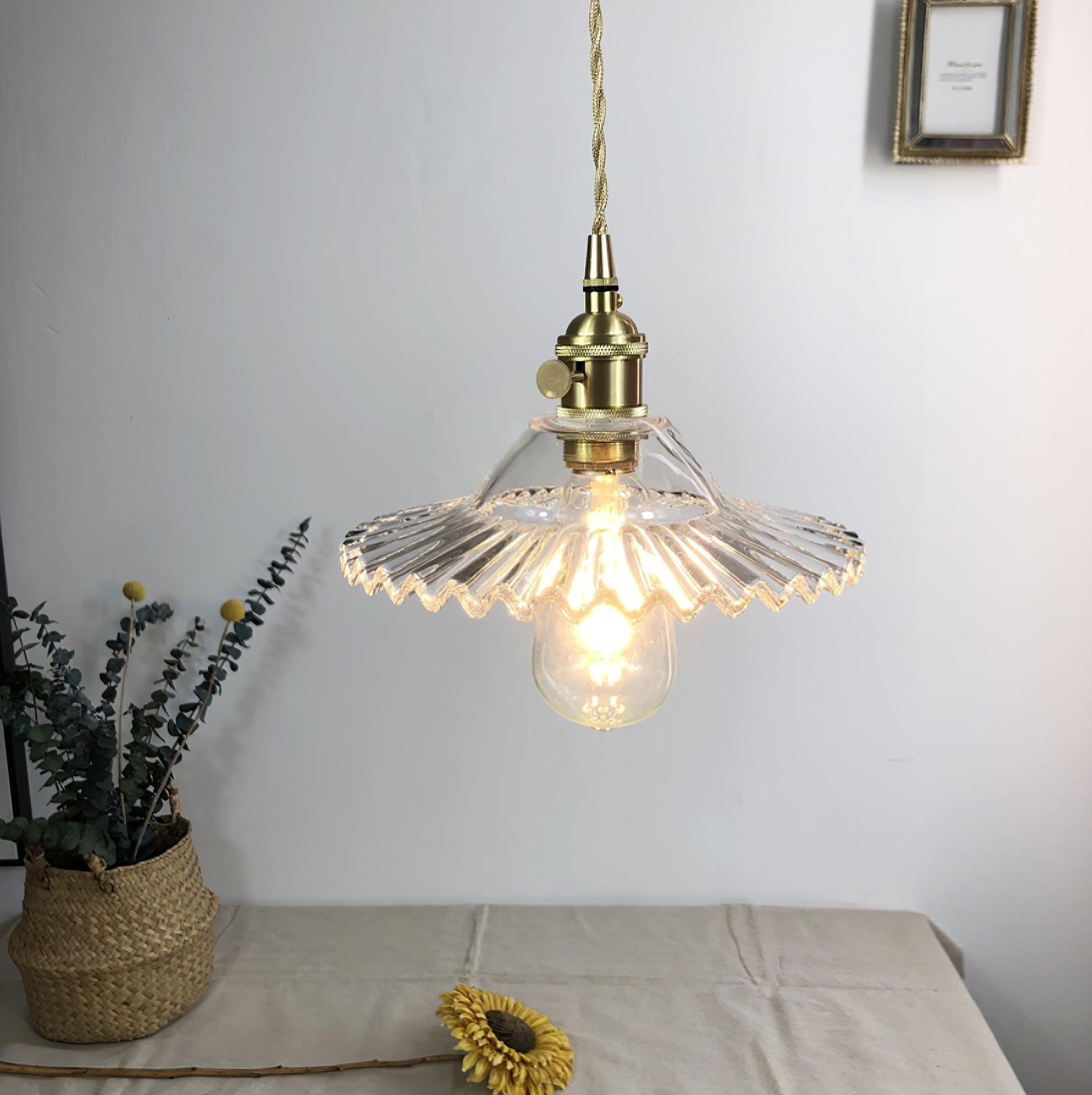 Pendant Lamp Ruffled Glass Shade Scalloped Edge Brass Accents Retro - Letslighting