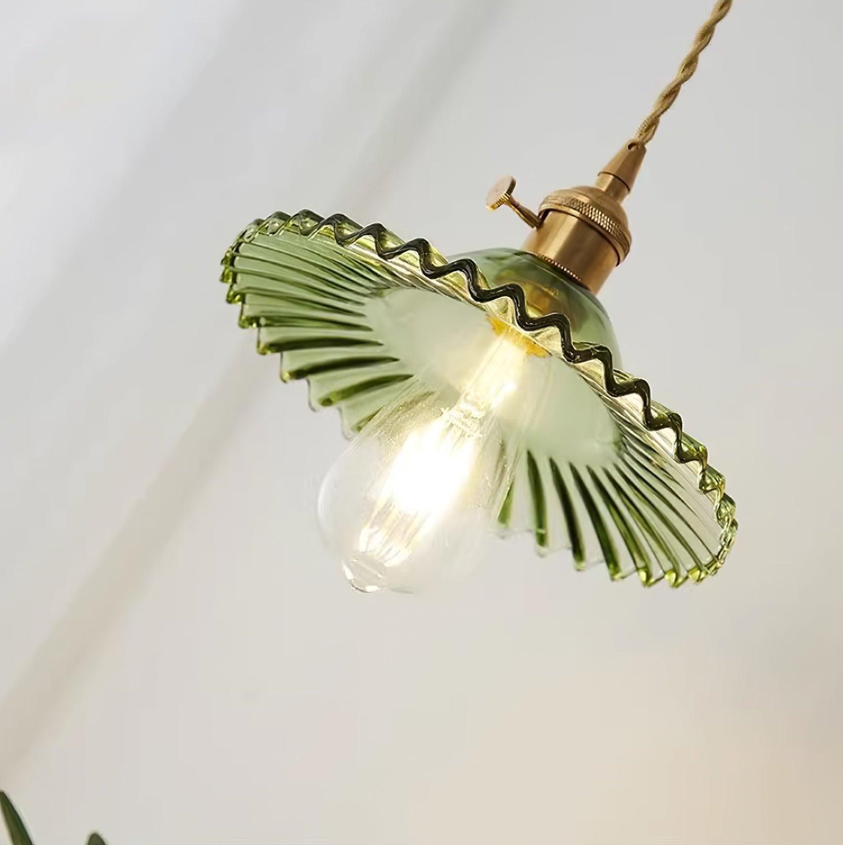 Pendant Lamp Ruffled Glass Shade Scalloped Edge Brass Accents Retro - Letslighting