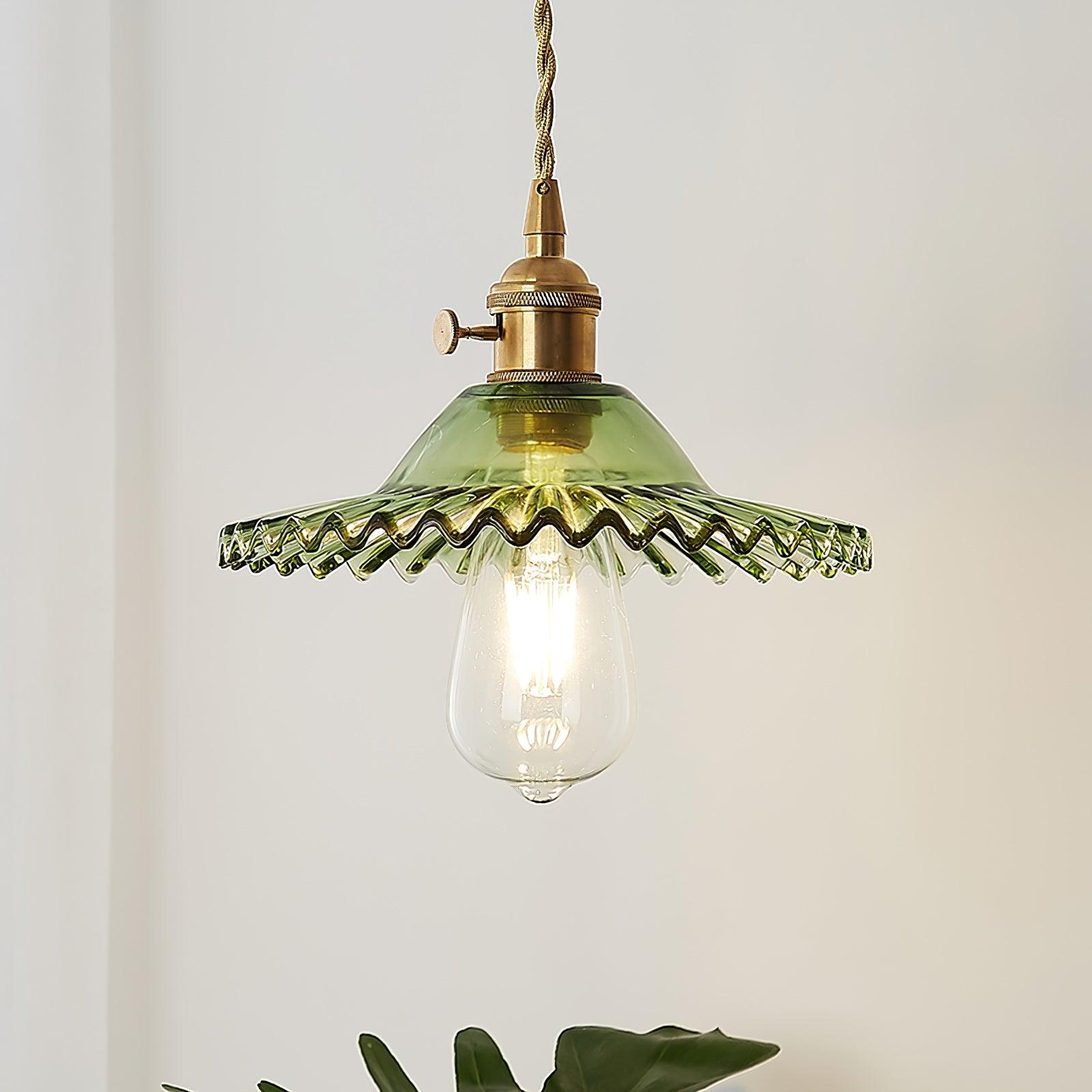 Pendant Lamp Ruffled Glass Shade Scalloped Edge Brass Accents Retro - Letslighting