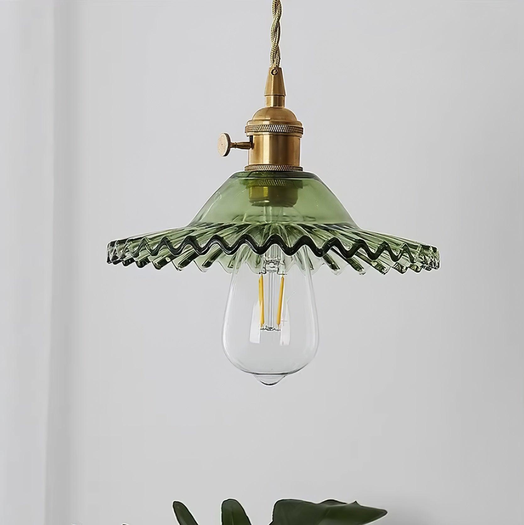 Pendant Lamp Ruffled Glass Shade Scalloped Edge Brass Accents Retro - Letslighting