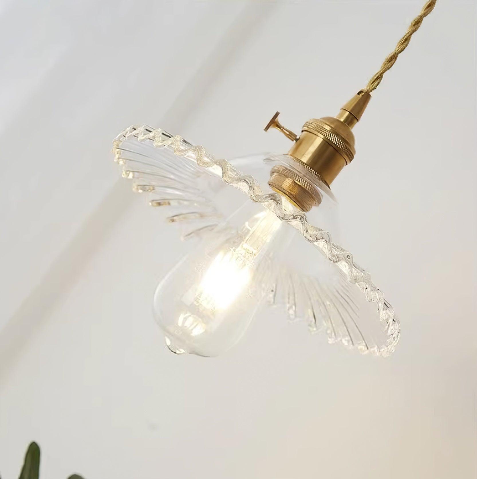Pendant Lamp Ruffled Glass Shade Scalloped Edge Brass Accents Retro - Letslighting