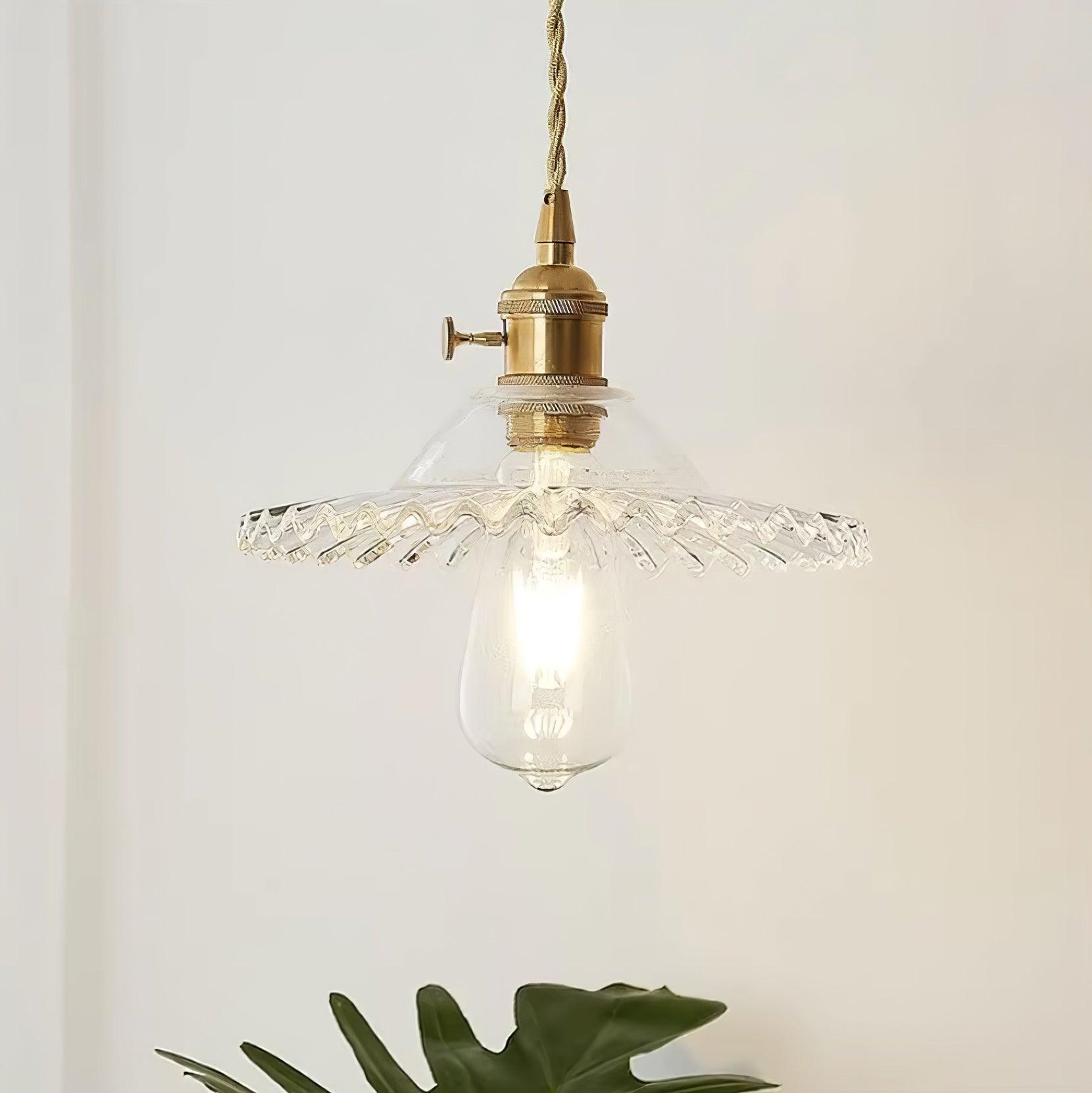 Pendant Lamp Ruffled Glass Shade Scalloped Edge Brass Accents Retro - Letslighting