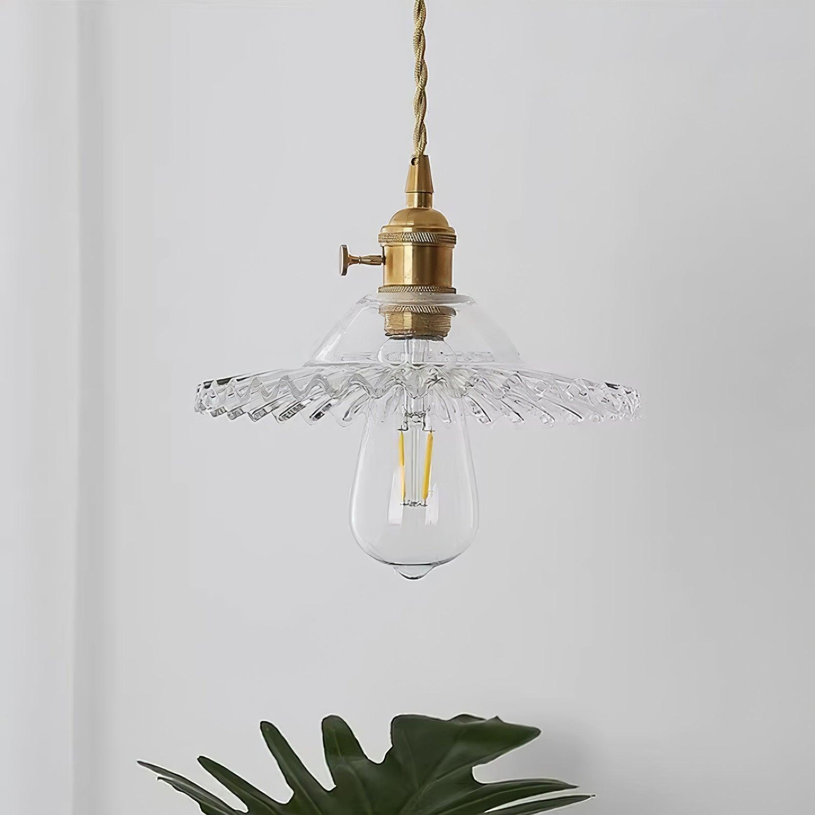 Pendant Lamp Ruffled Glass Shade Scalloped Edge Brass Accents Retro - Letslighting
