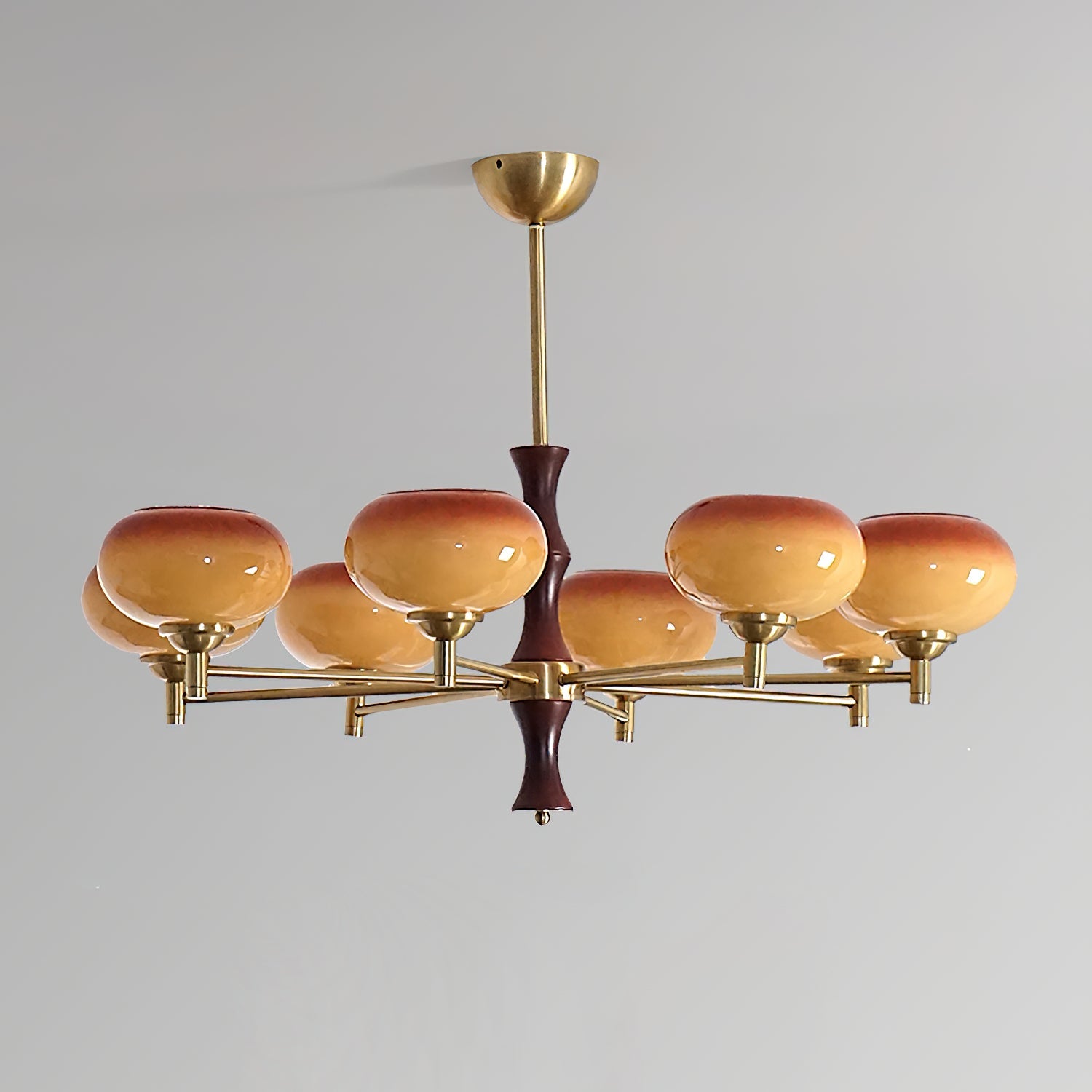 Chandelier Caramel Glass Globes Walnut Wood Arms Vintage - Letslighting