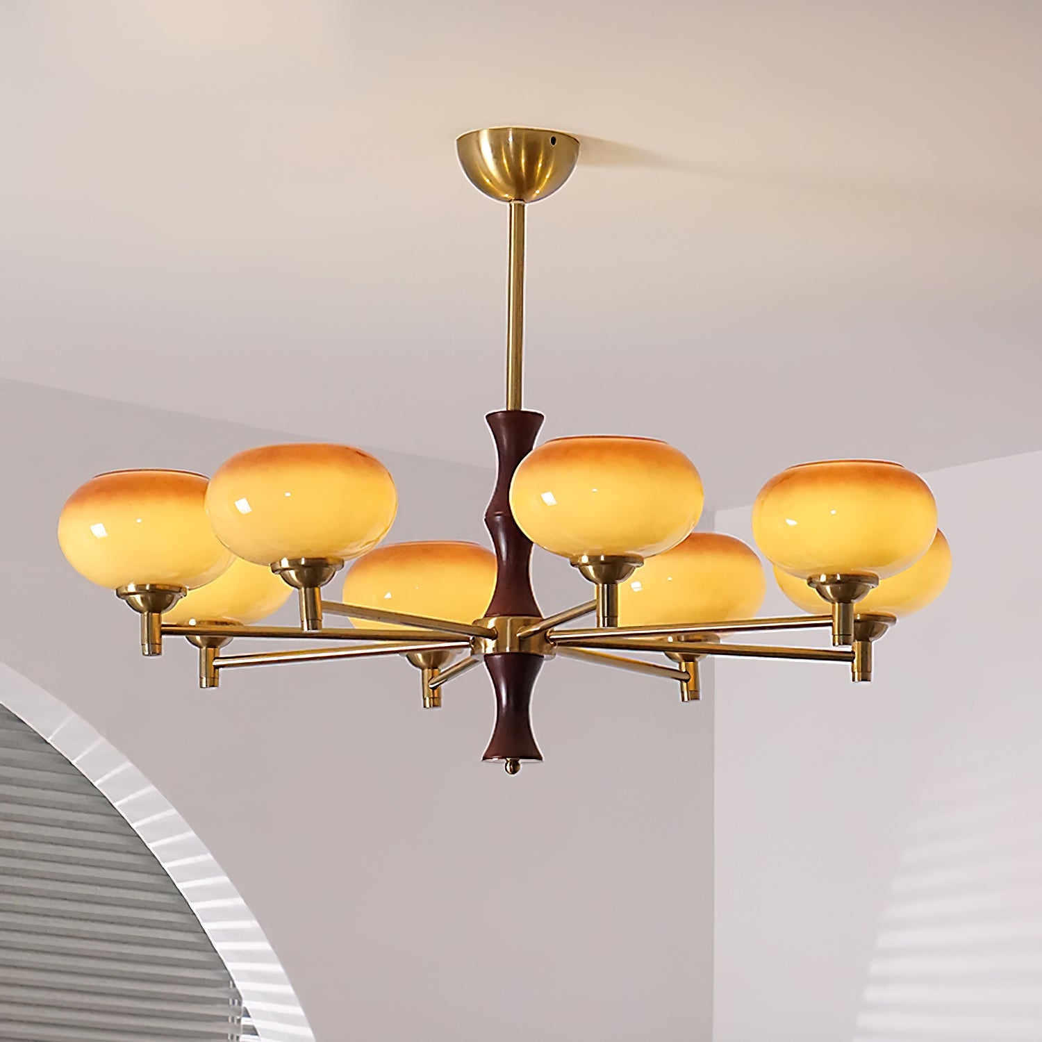 Chandelier Caramel Glass Globes Walnut Wood Arms Vintage - Letslighting