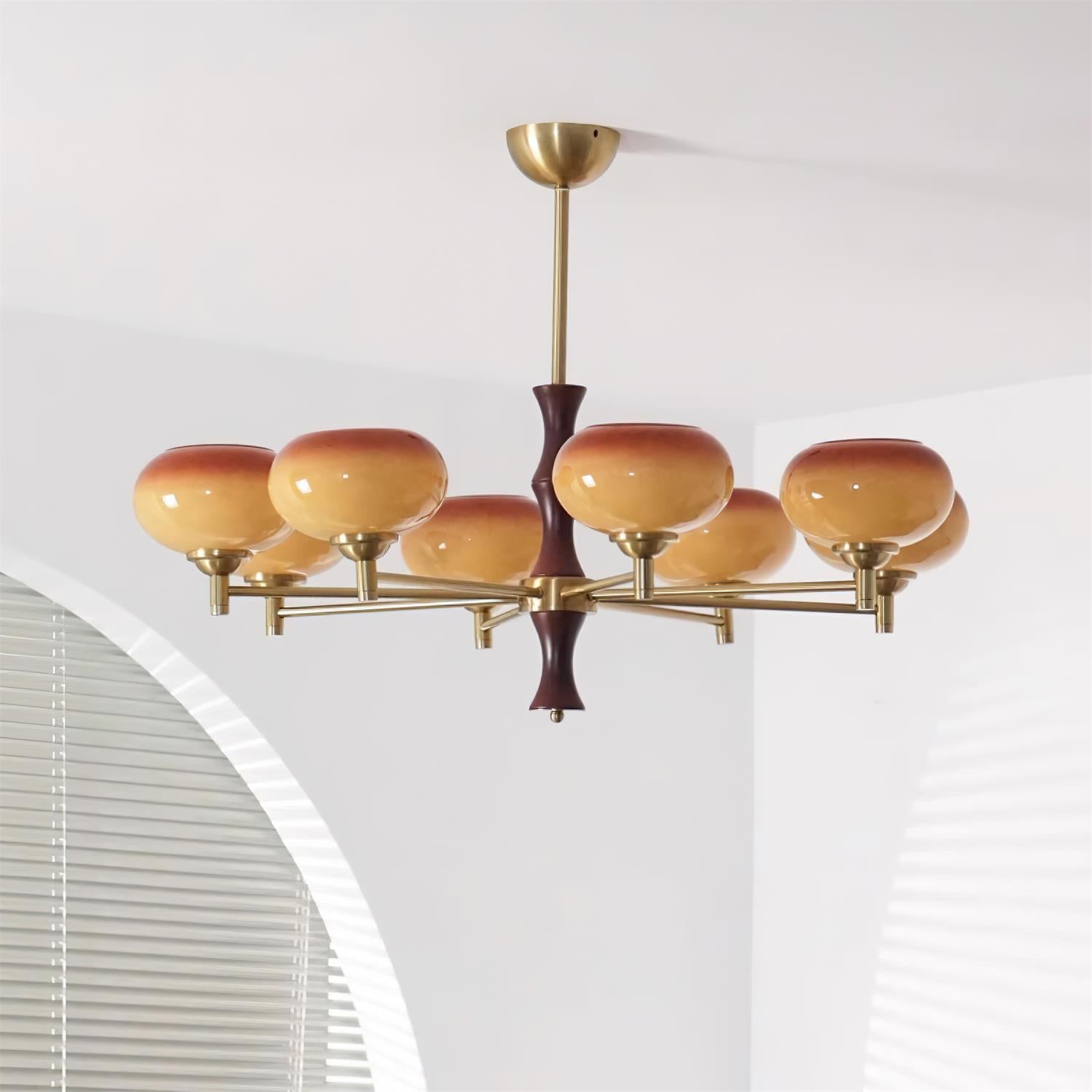 Chandelier Caramel Glass Globes Walnut Wood Arms Vintage - Letslighting