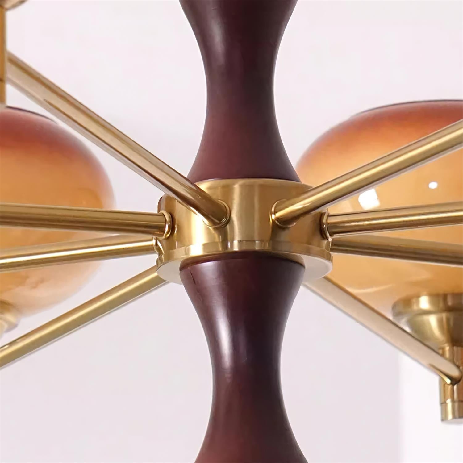 Chandelier Caramel Glass Globes Walnut Wood Arms Vintage - Letslighting