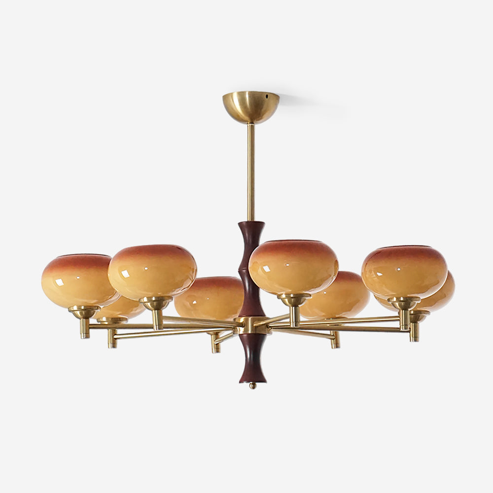 Chandelier Caramel Glass Globes Walnut Wood Arms Vintage - Letslighting