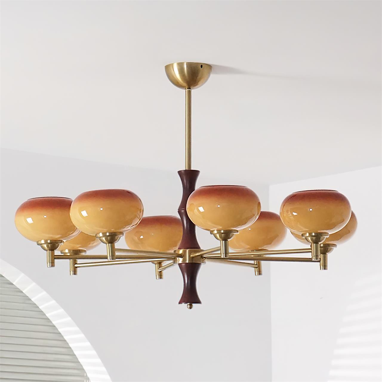 Chandelier Caramel Glass Globes Walnut Wood Arms Vintage - Letslighting
