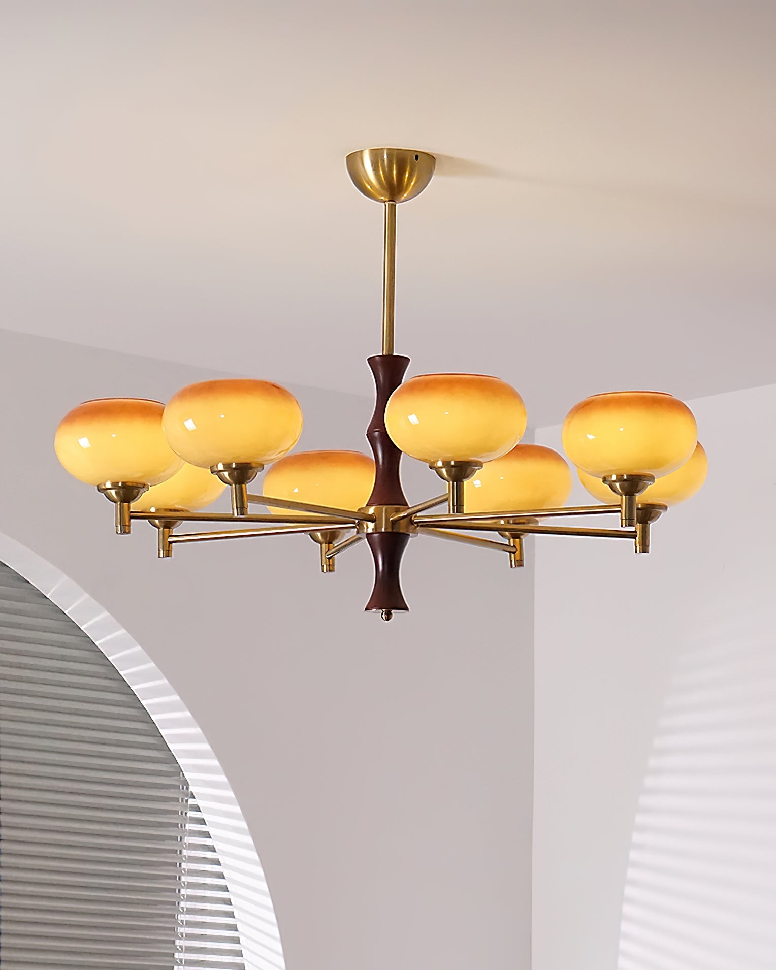 Chandelier Caramel Glass Globes Walnut Wood Arms Vintage - Letslighting