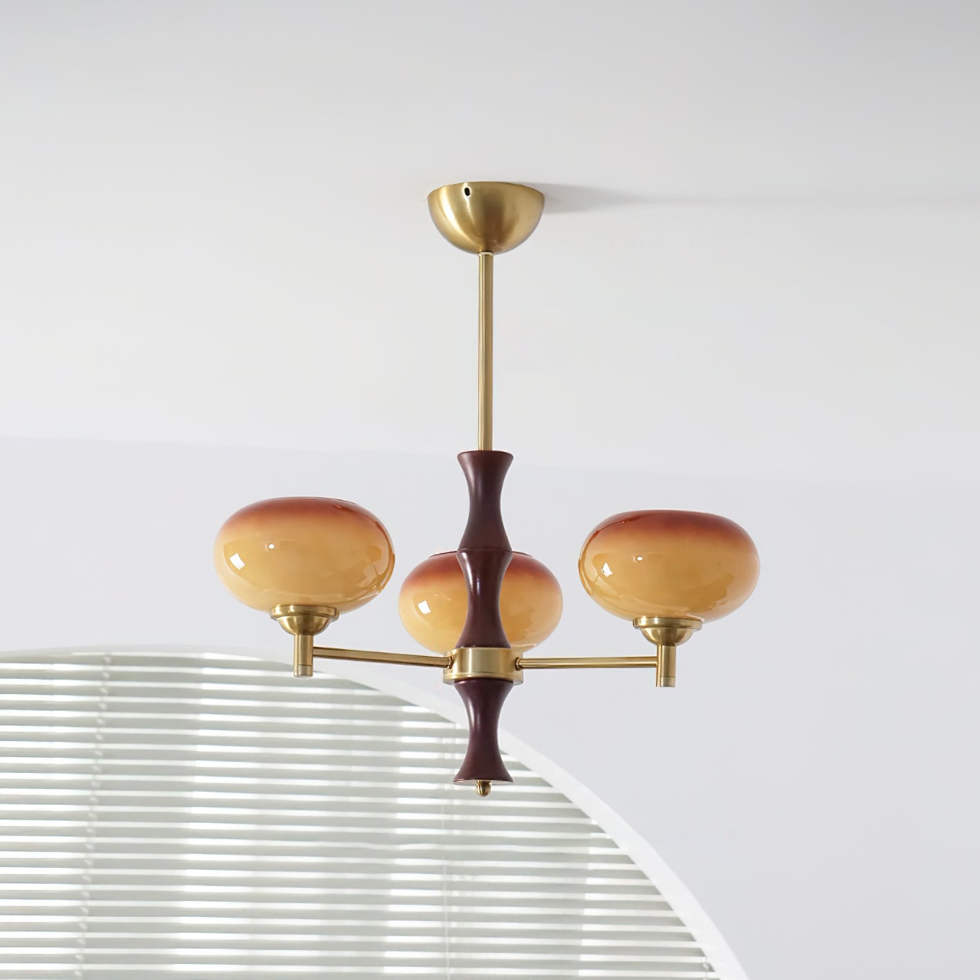 Chandelier Caramel Glass Globes Walnut Wood Arms Vintage - Letslighting