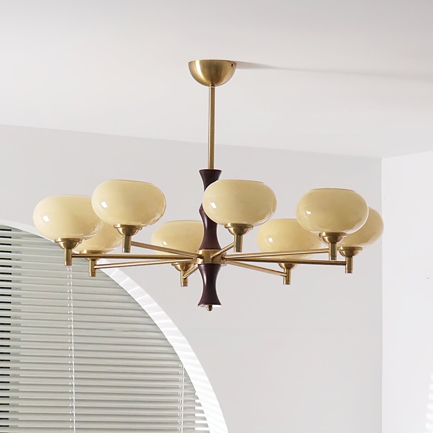 Chandelier Caramel Glass Globes Walnut Wood Arms Vintage - Letslighting