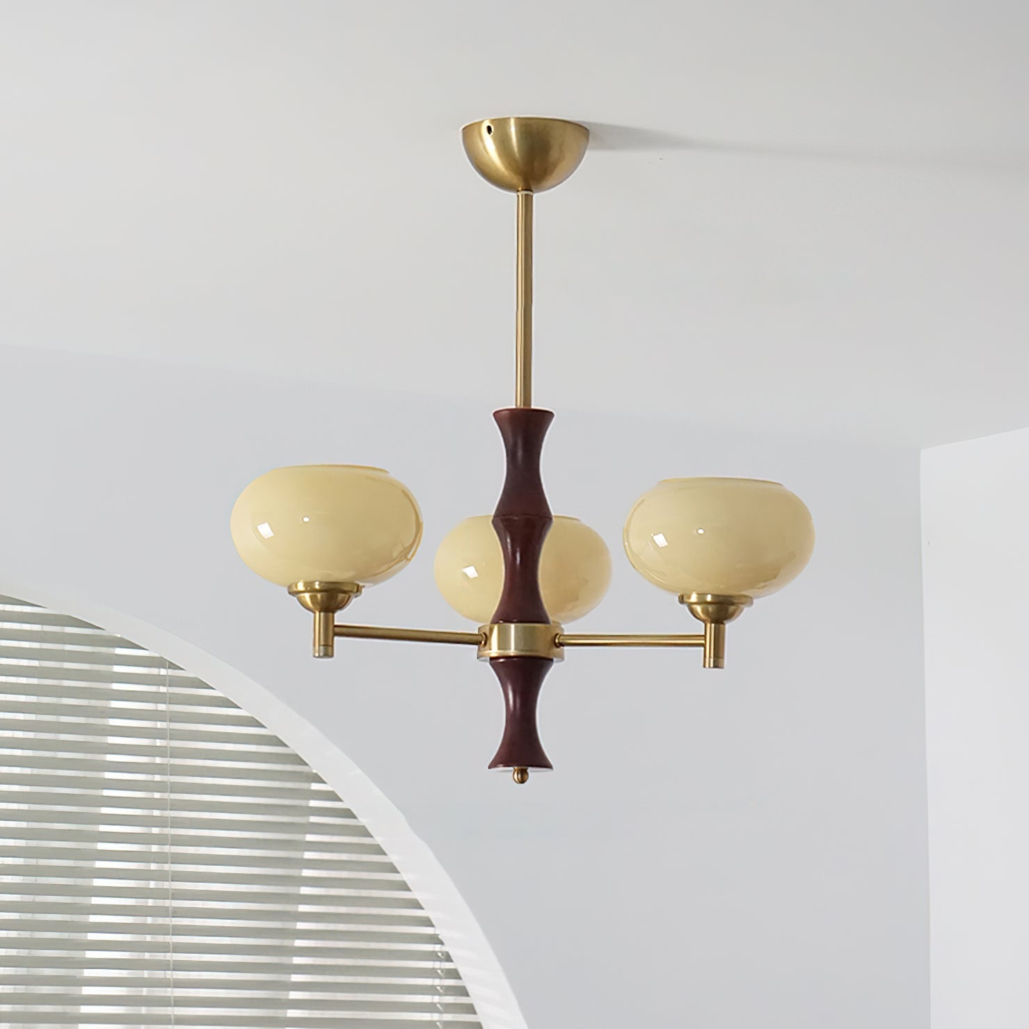 Chandelier Caramel Glass Globes Walnut Wood Arms Vintage - Letslighting