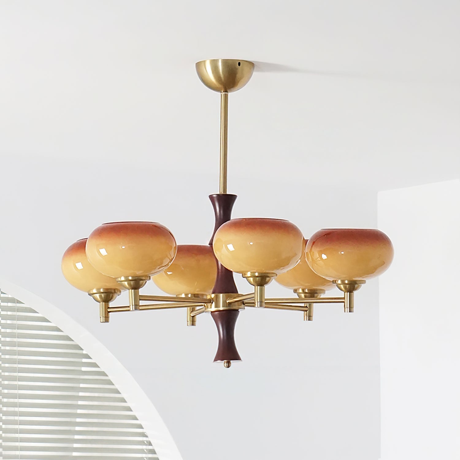 Chandelier Caramel Glass Globes Walnut Wood Arms Vintage - Letslighting