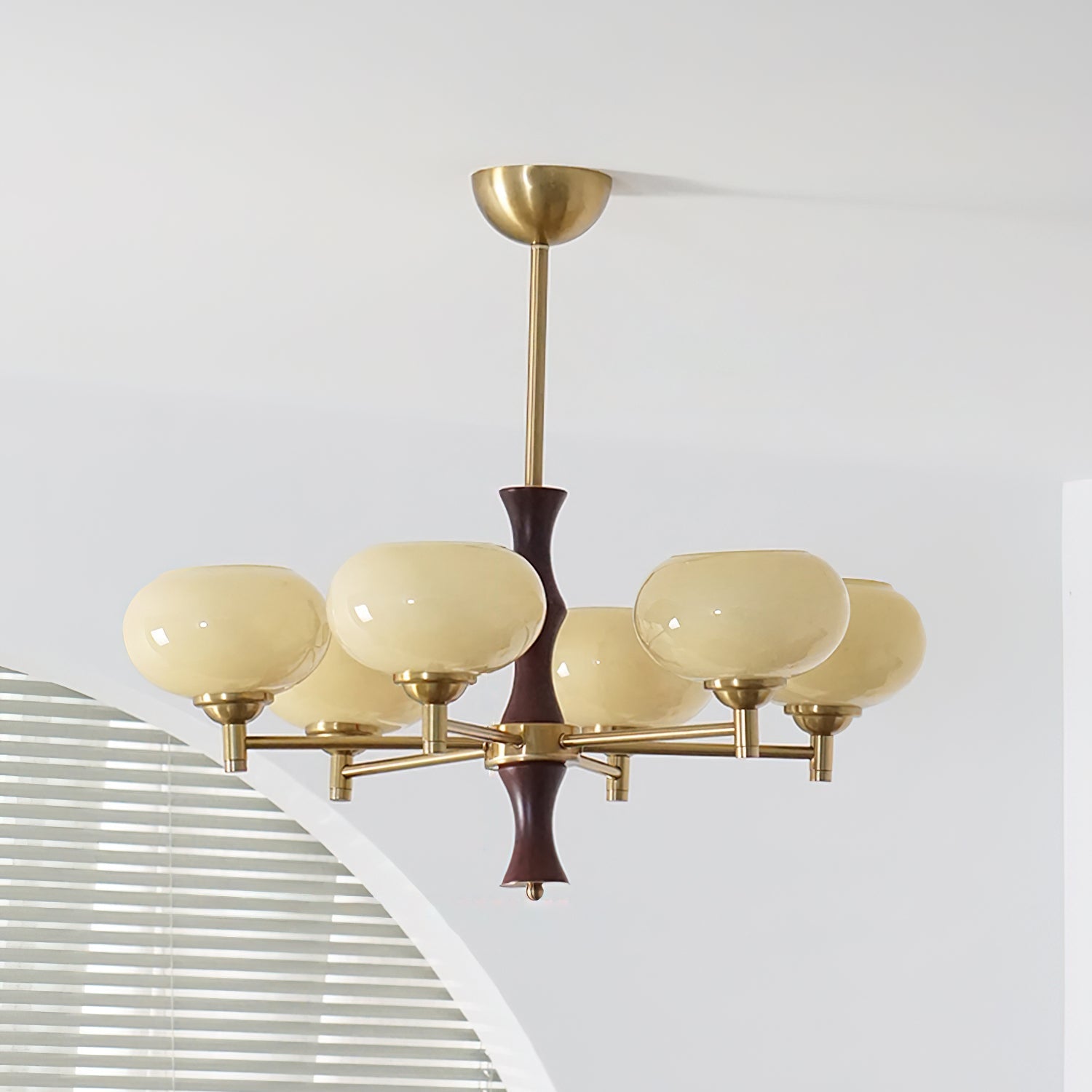 Chandelier Caramel Glass Globes Walnut Wood Arms Vintage - Letslighting