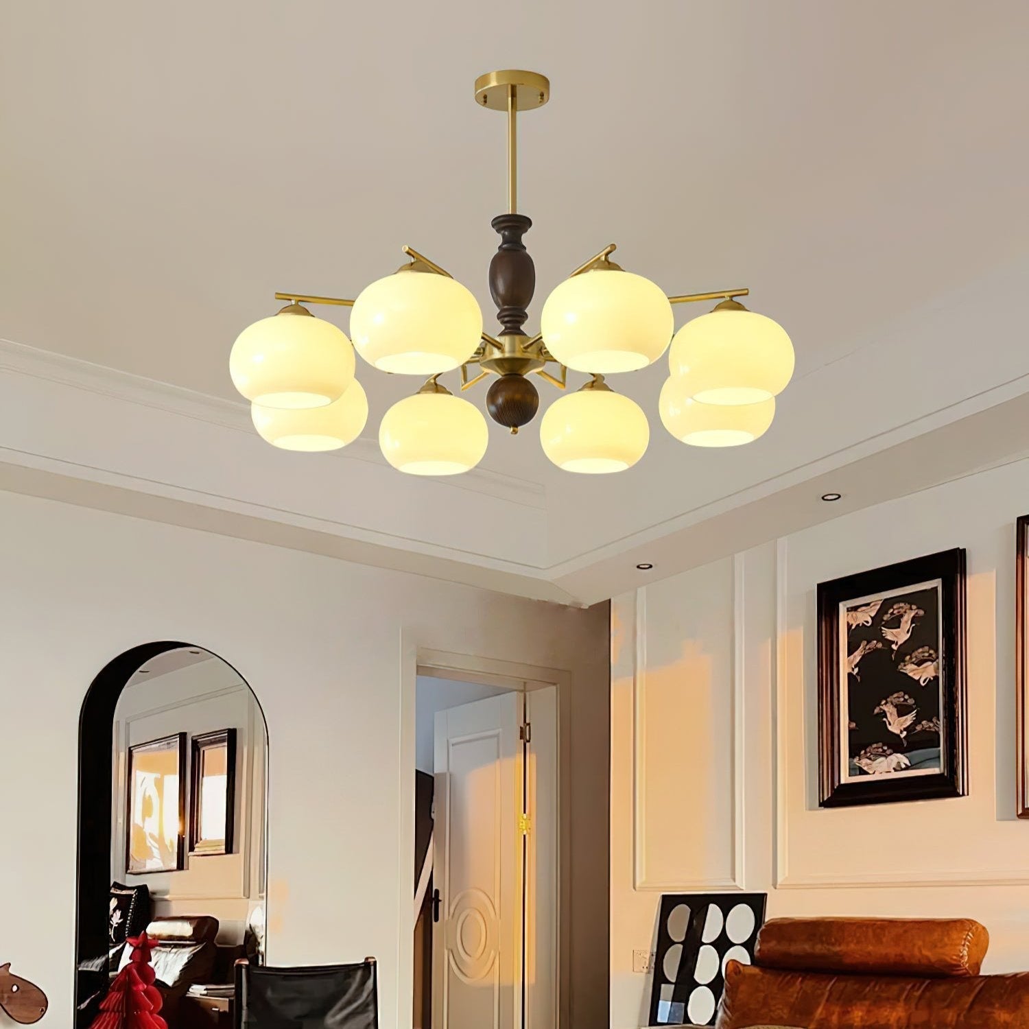 Aurora Chandelier Walnut Beige Orb - Letslighting