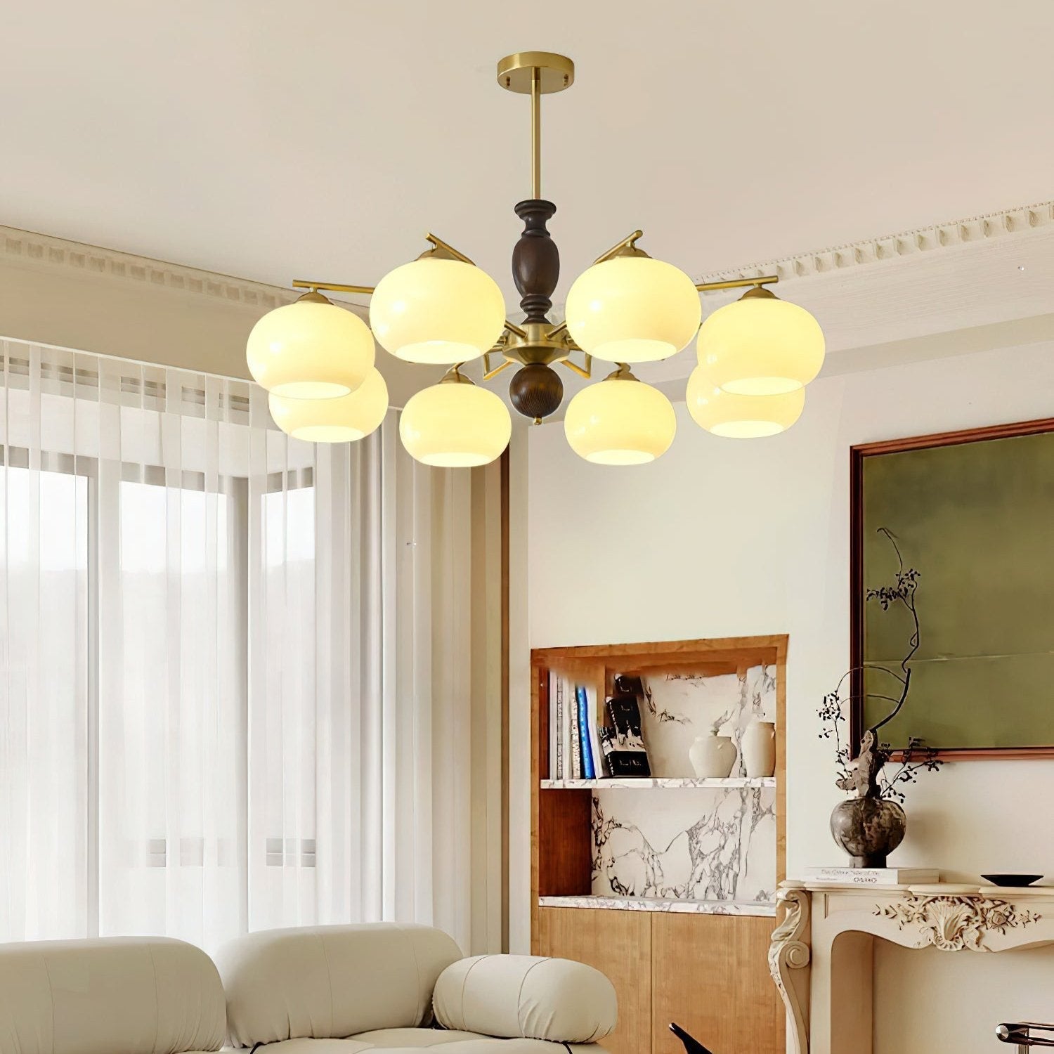 Aurora Chandelier Walnut Beige Orb - Letslighting