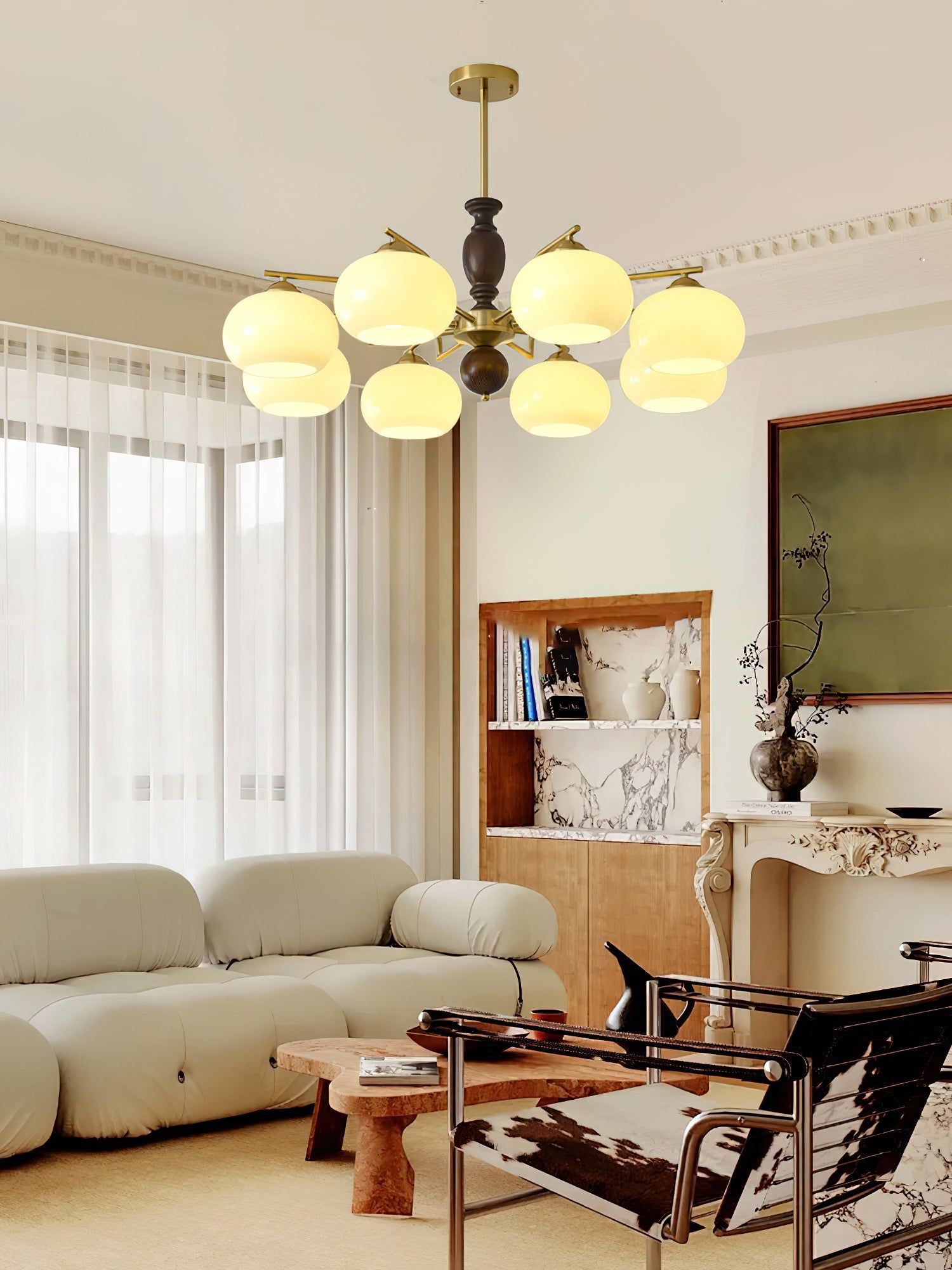 Aurora Chandelier Walnut Beige Orb - Letslighting