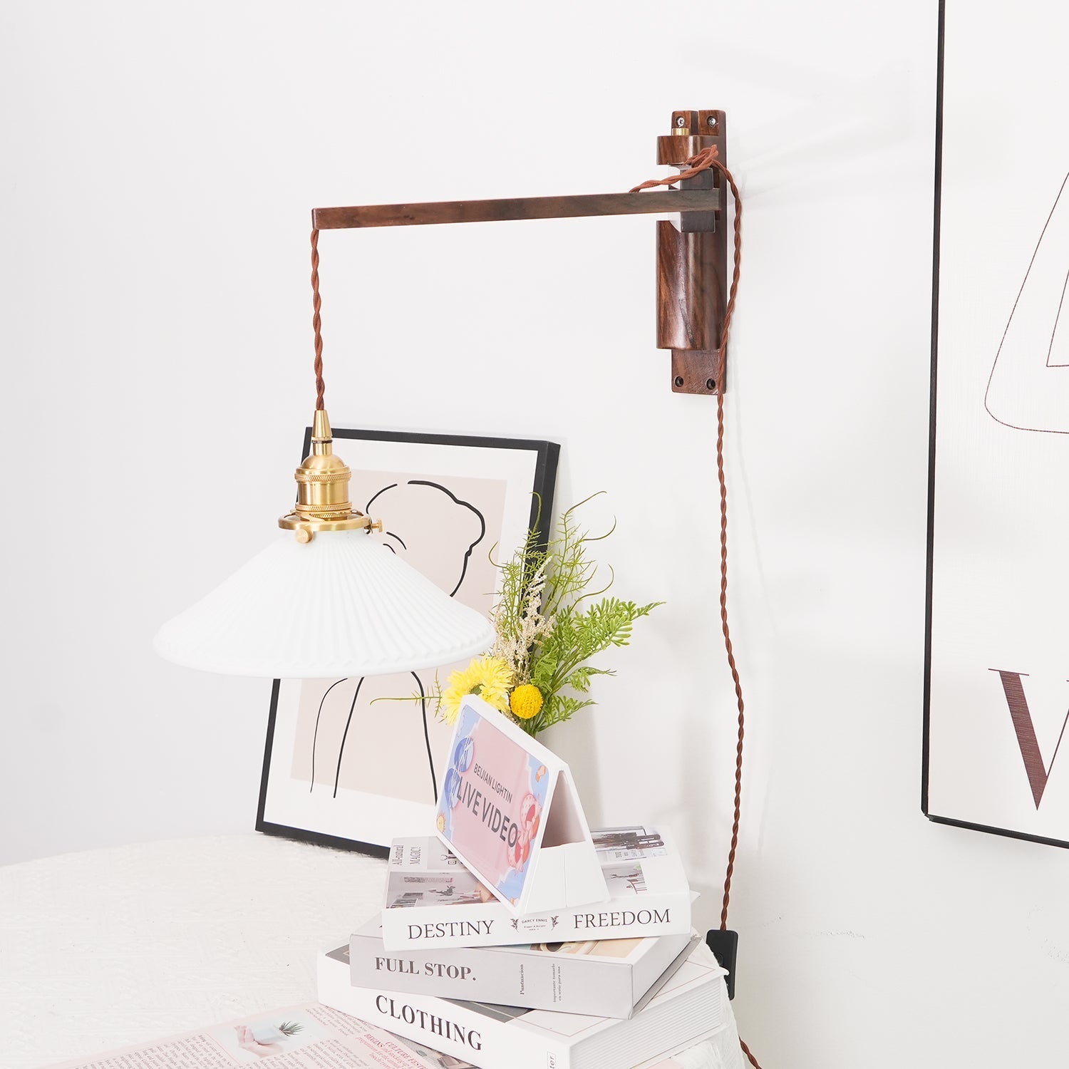 Orphaarae Nordic Art Swing Arm Walnut Ceramic Wall Lamp - Letslighting