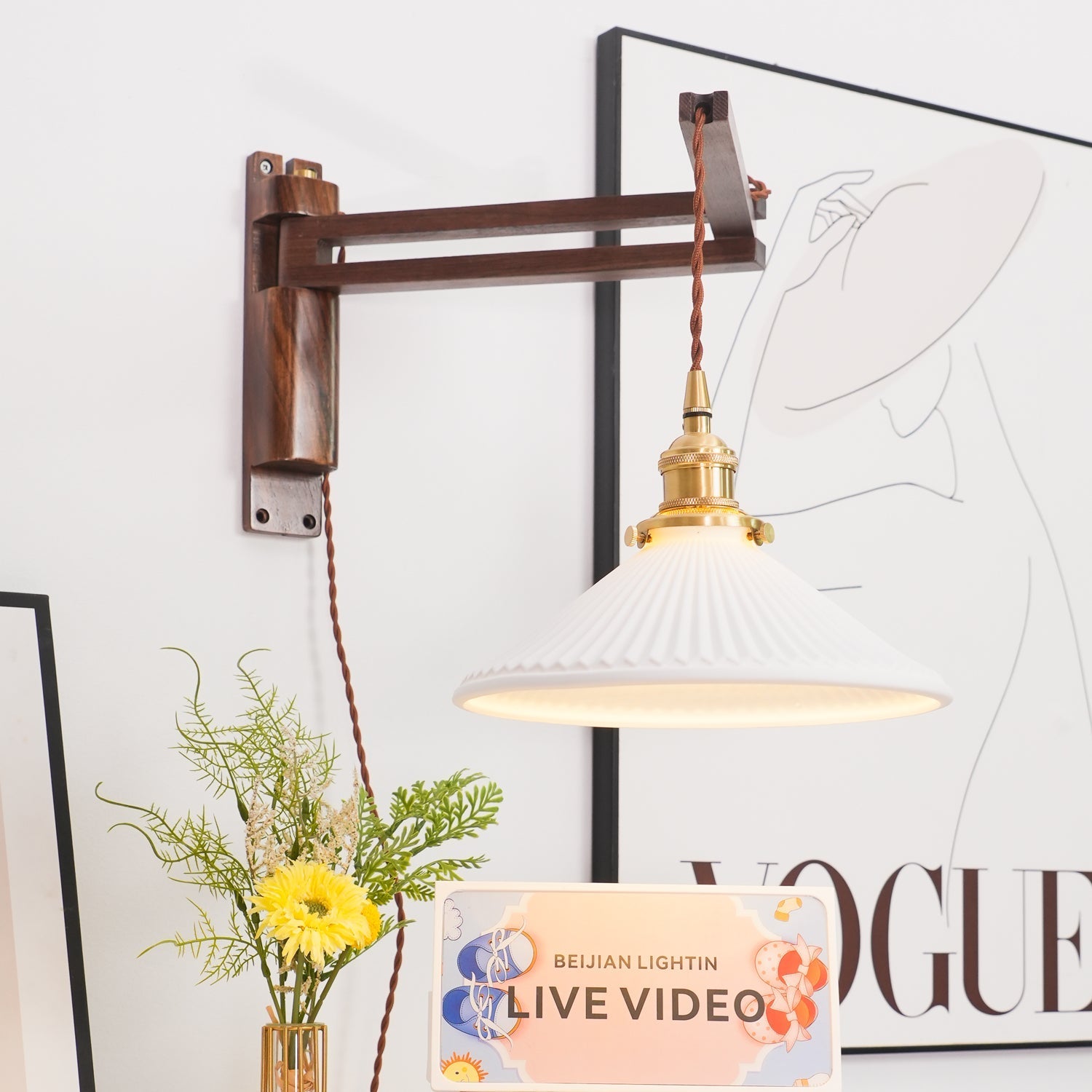 Orphaarae Nordic Art Swing Arm Walnut Ceramic Wall Lamp - Letslighting