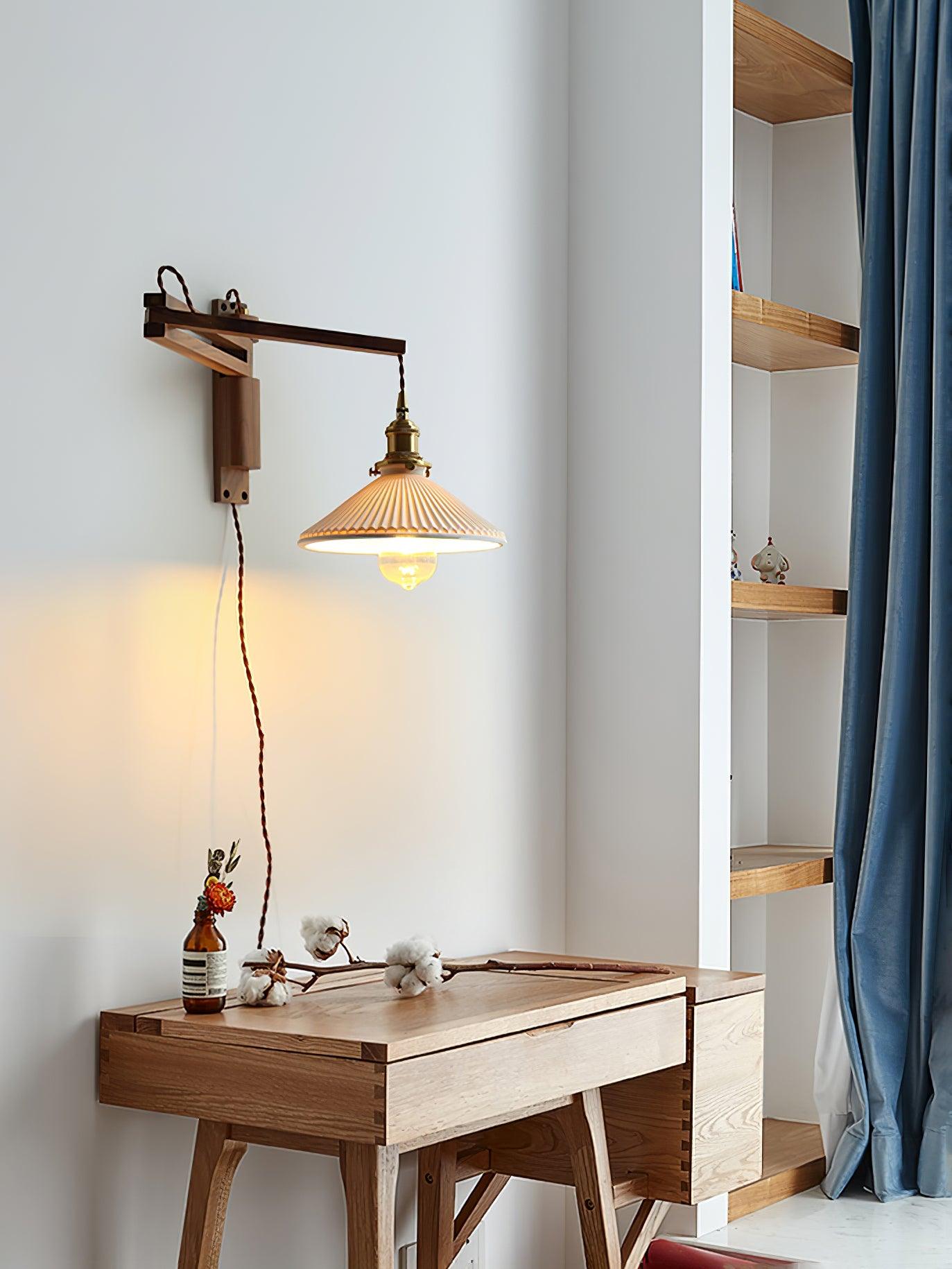 Orphaarae Nordic Art Swing Arm Walnut Ceramic Wall Lamp - Letslighting