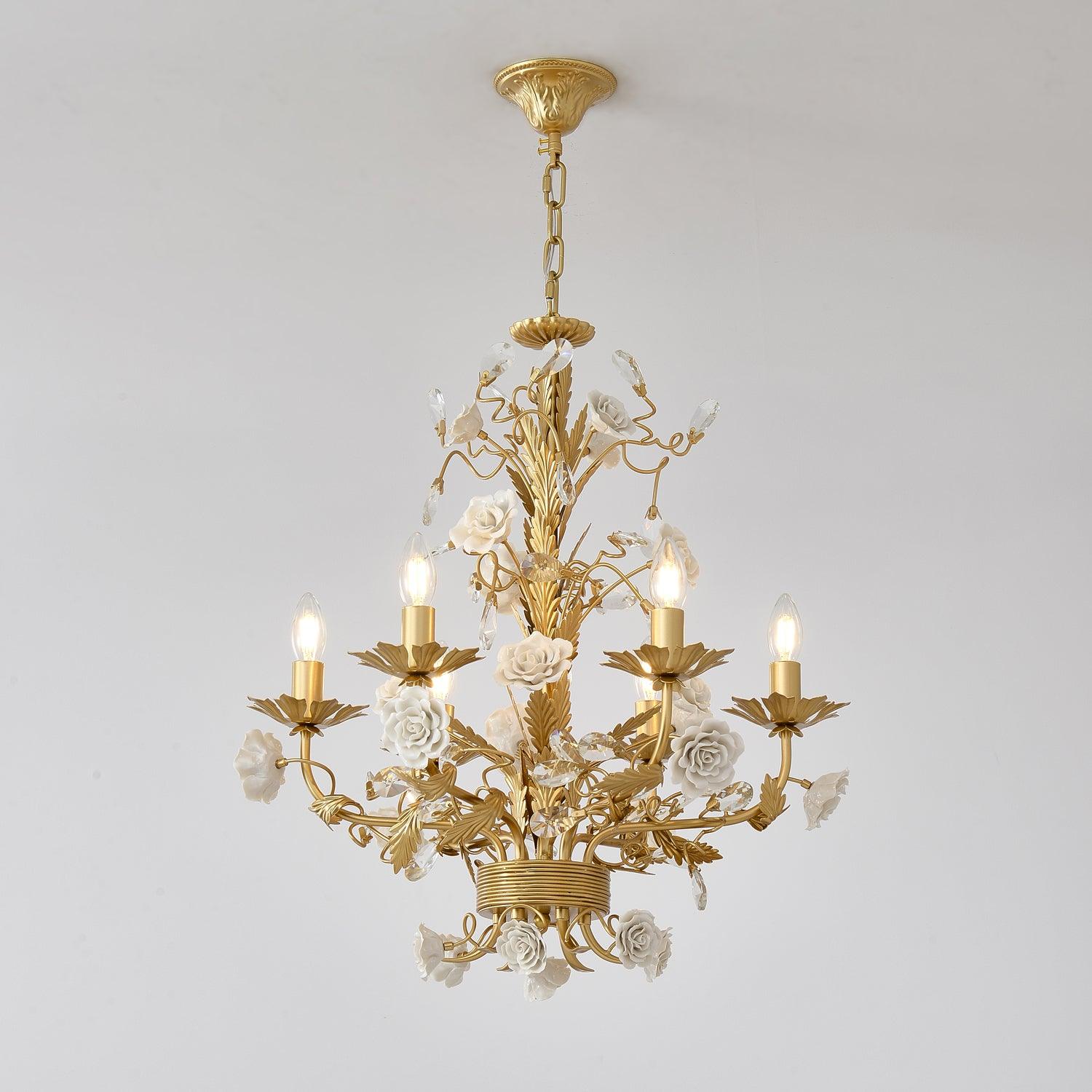 Chandelier Ornate Frame Porcelain Roses Crystal Classic Luxury - Letslighting