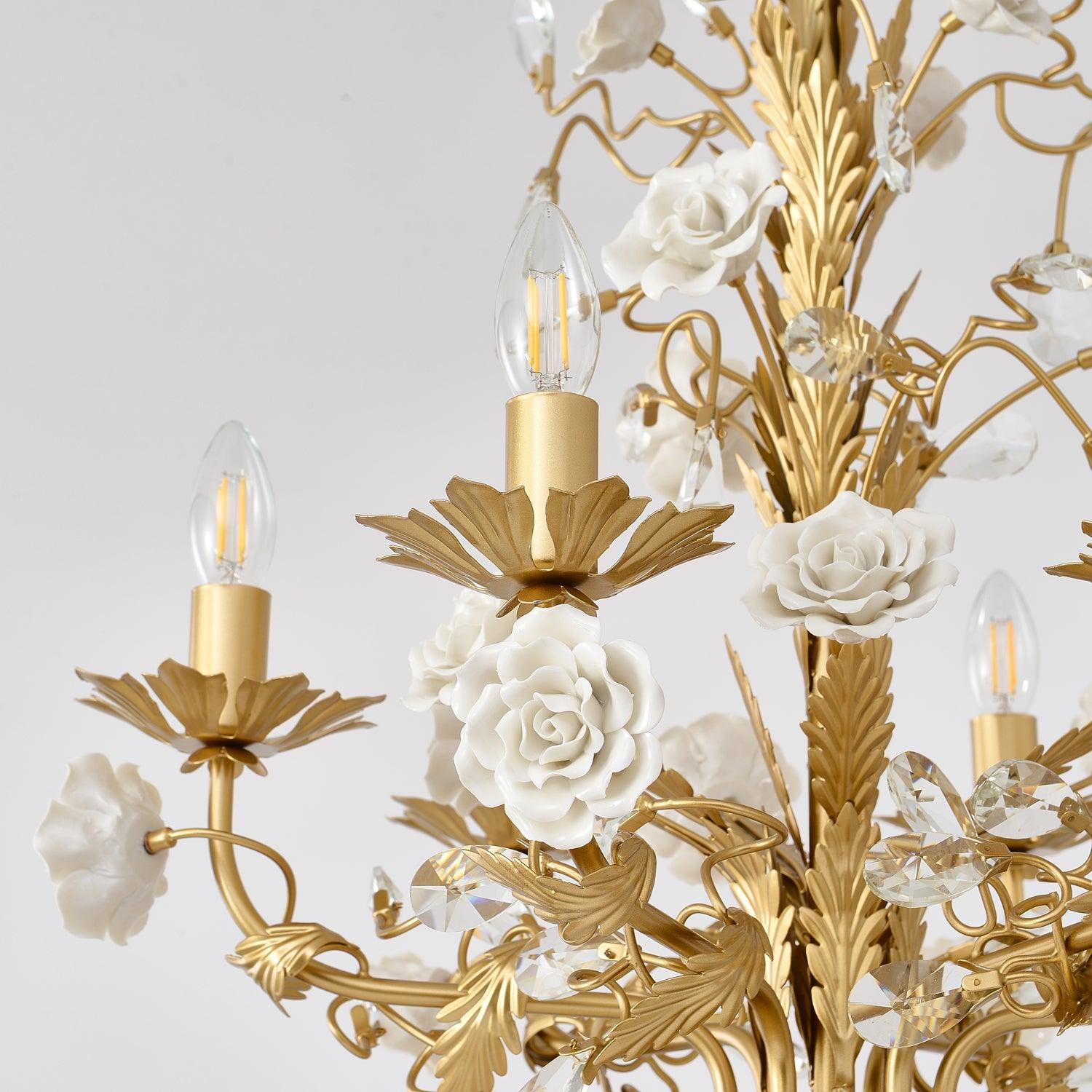 Chandelier Ornate Frame Porcelain Roses Crystal Classic Luxury - Letslighting