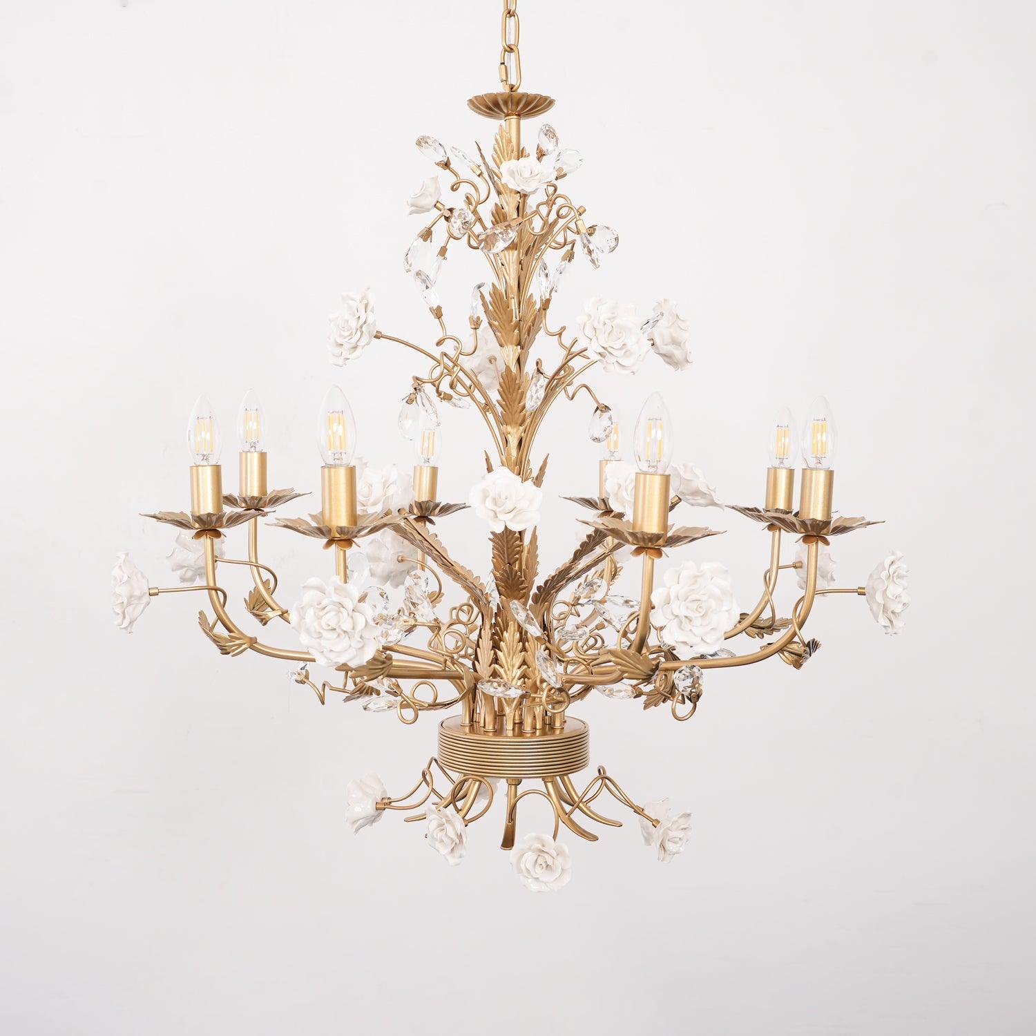 Chandelier Ornate Frame Porcelain Roses Crystal Classic Luxury - Letslighting