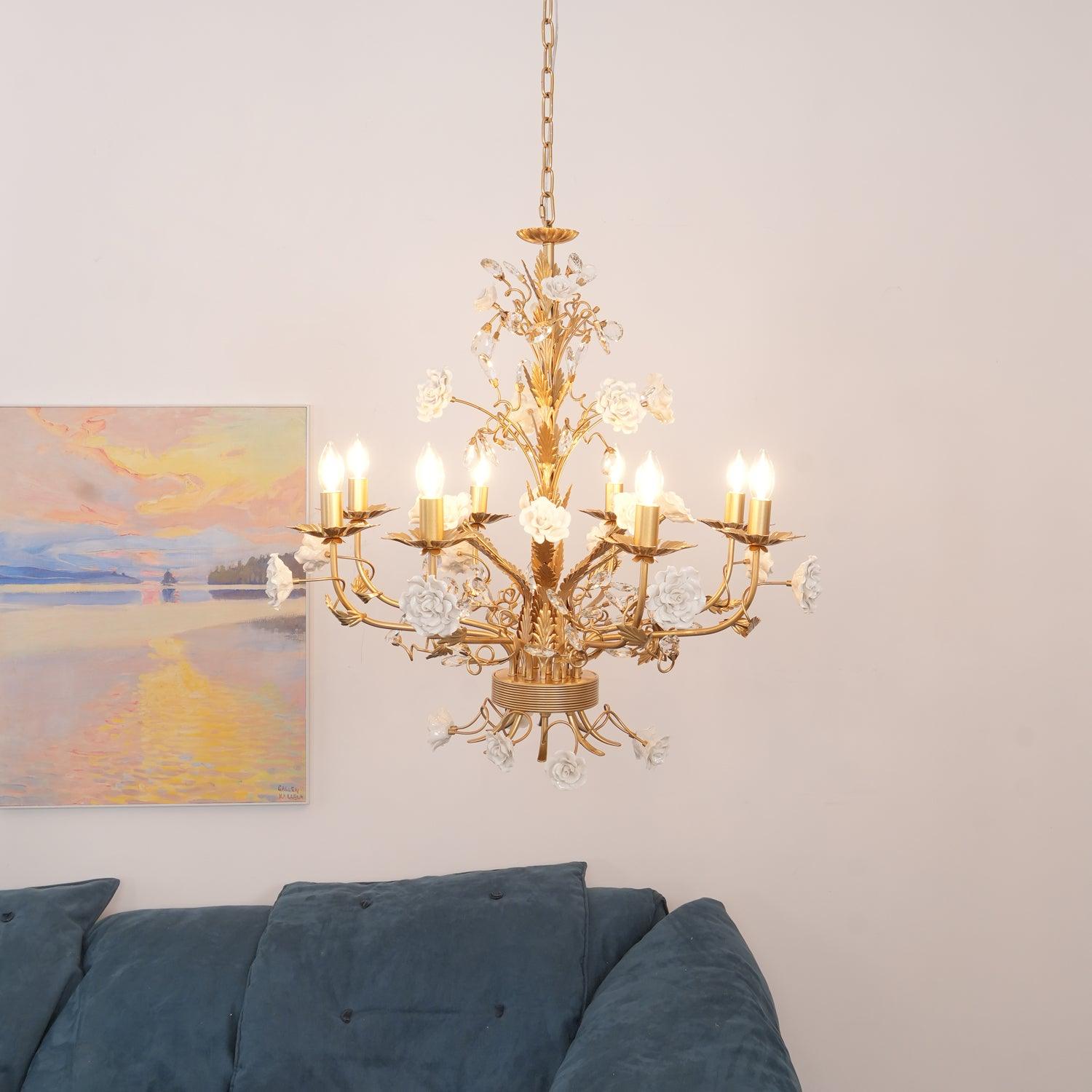 Chandelier Ornate Frame Porcelain Roses Crystal Classic Luxury - Letslighting