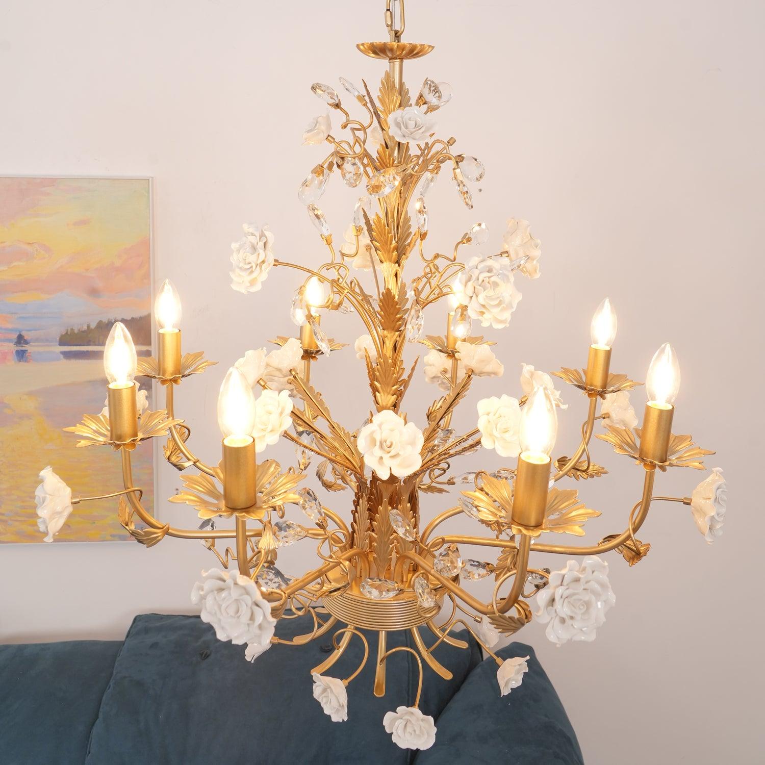 Chandelier Ornate Frame Porcelain Roses Crystal Classic Luxury - Letslighting