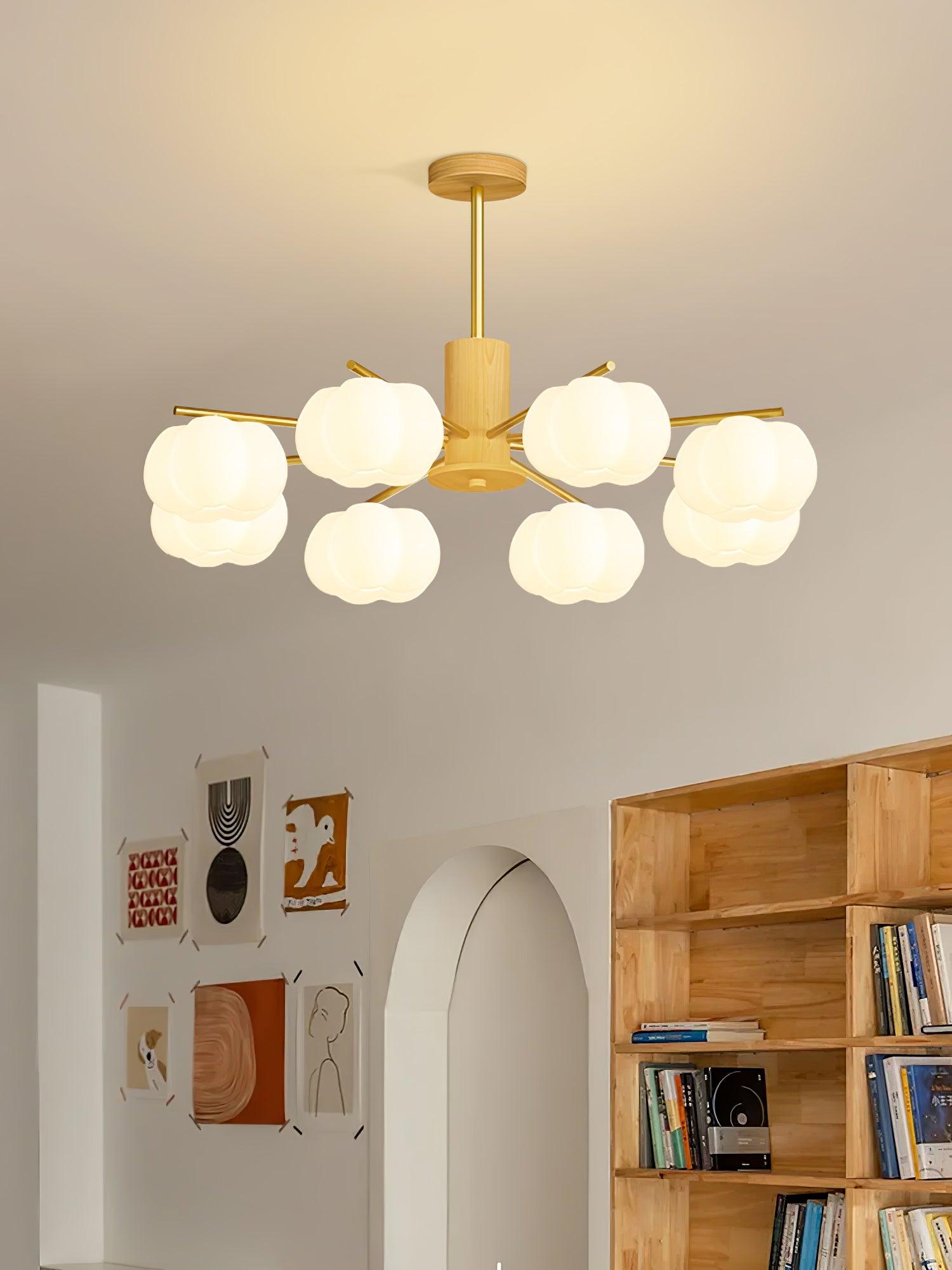 Lustra Chandelier Wooden Cotton Balls Gold PE - Letslighting