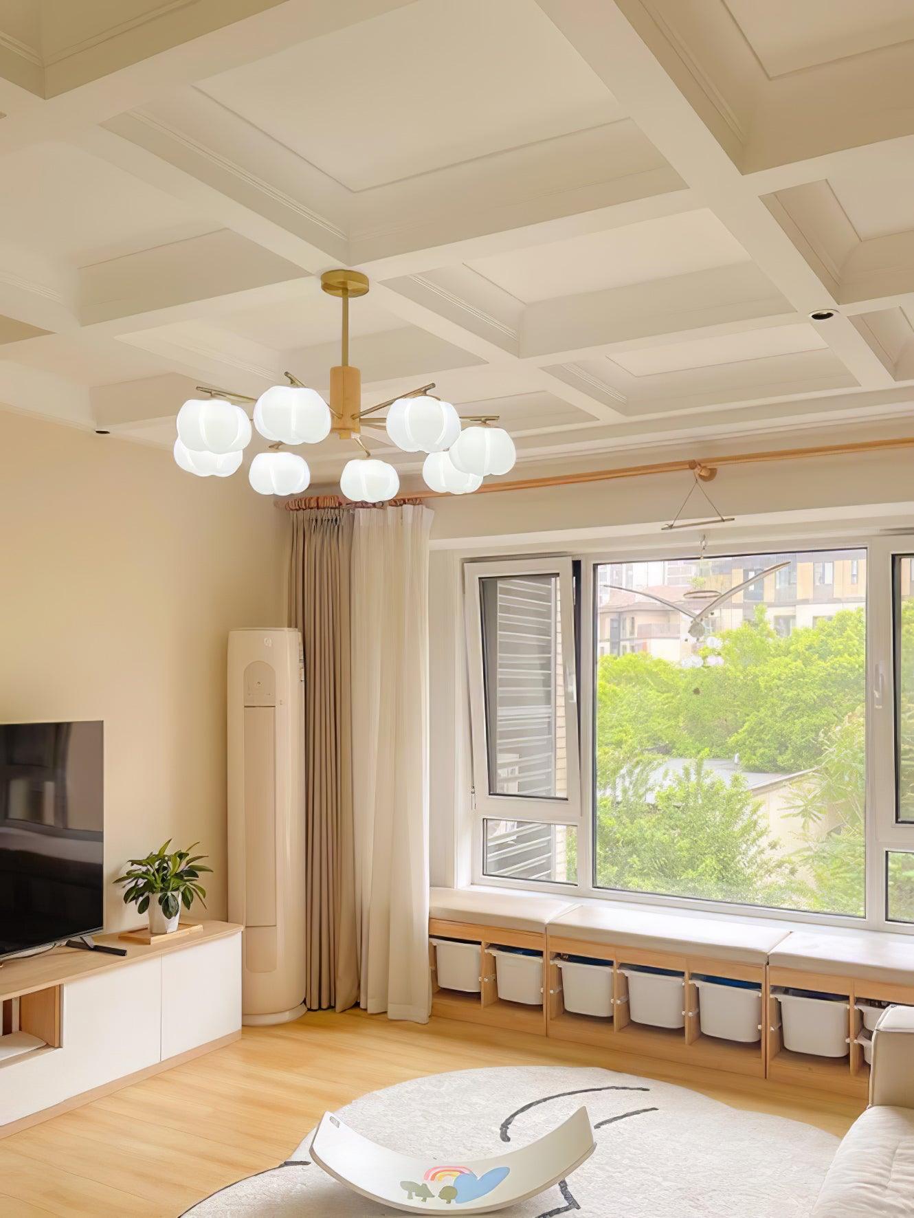 Lustra Chandelier Wooden Cotton Balls Gold PE - Letslighting
