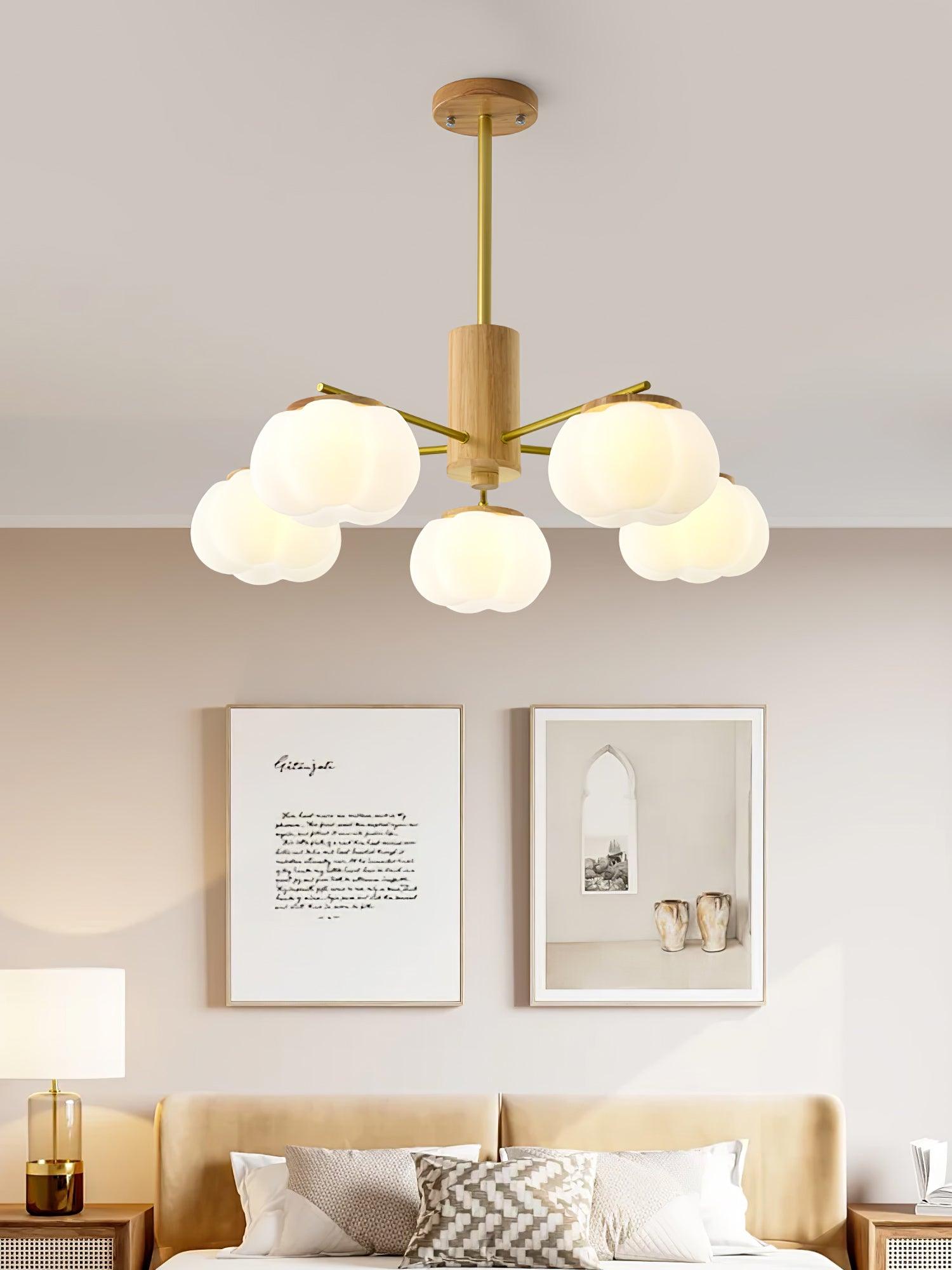 Lustra Chandelier Wooden Cotton Balls Gold PE - Letslighting