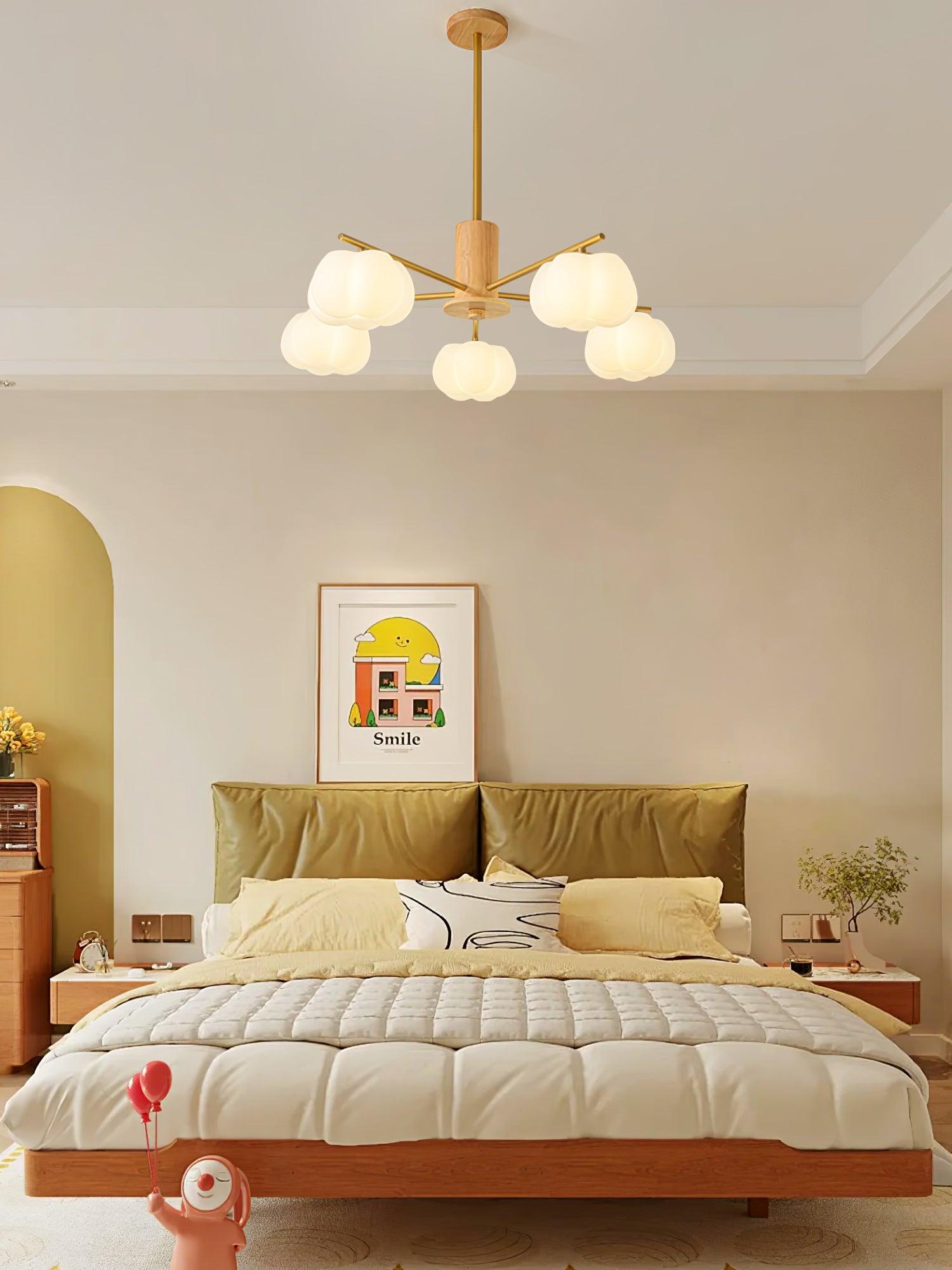 Lustra Chandelier Wooden Cotton Balls Gold PE - Letslighting