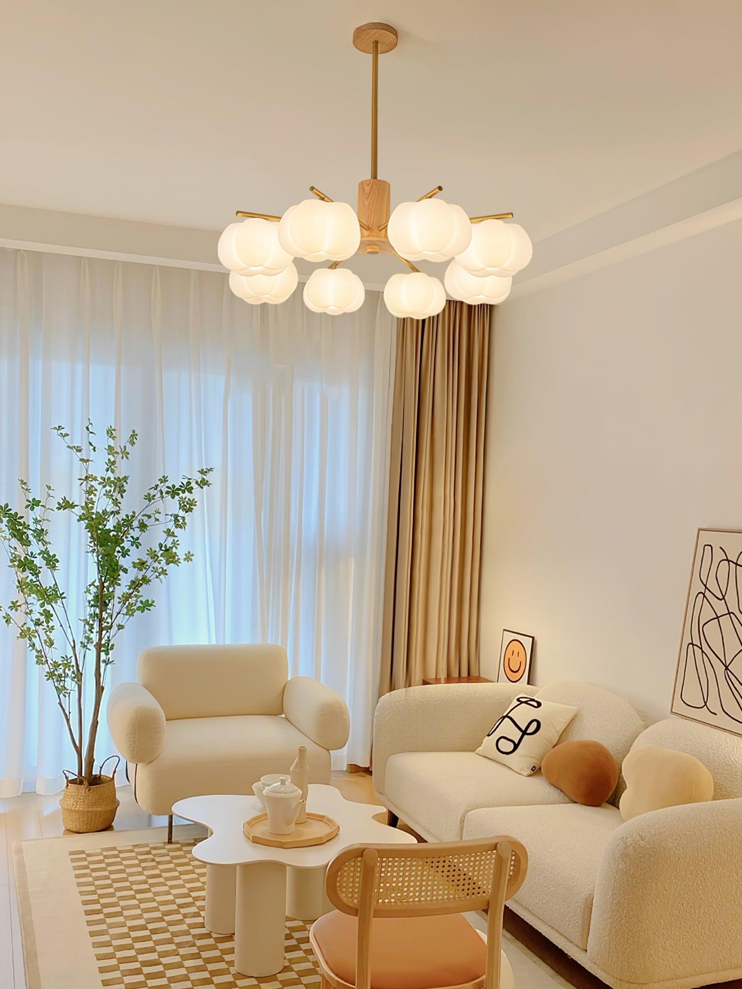 Lustra Chandelier Wooden Cotton Balls Gold PE - Letslighting