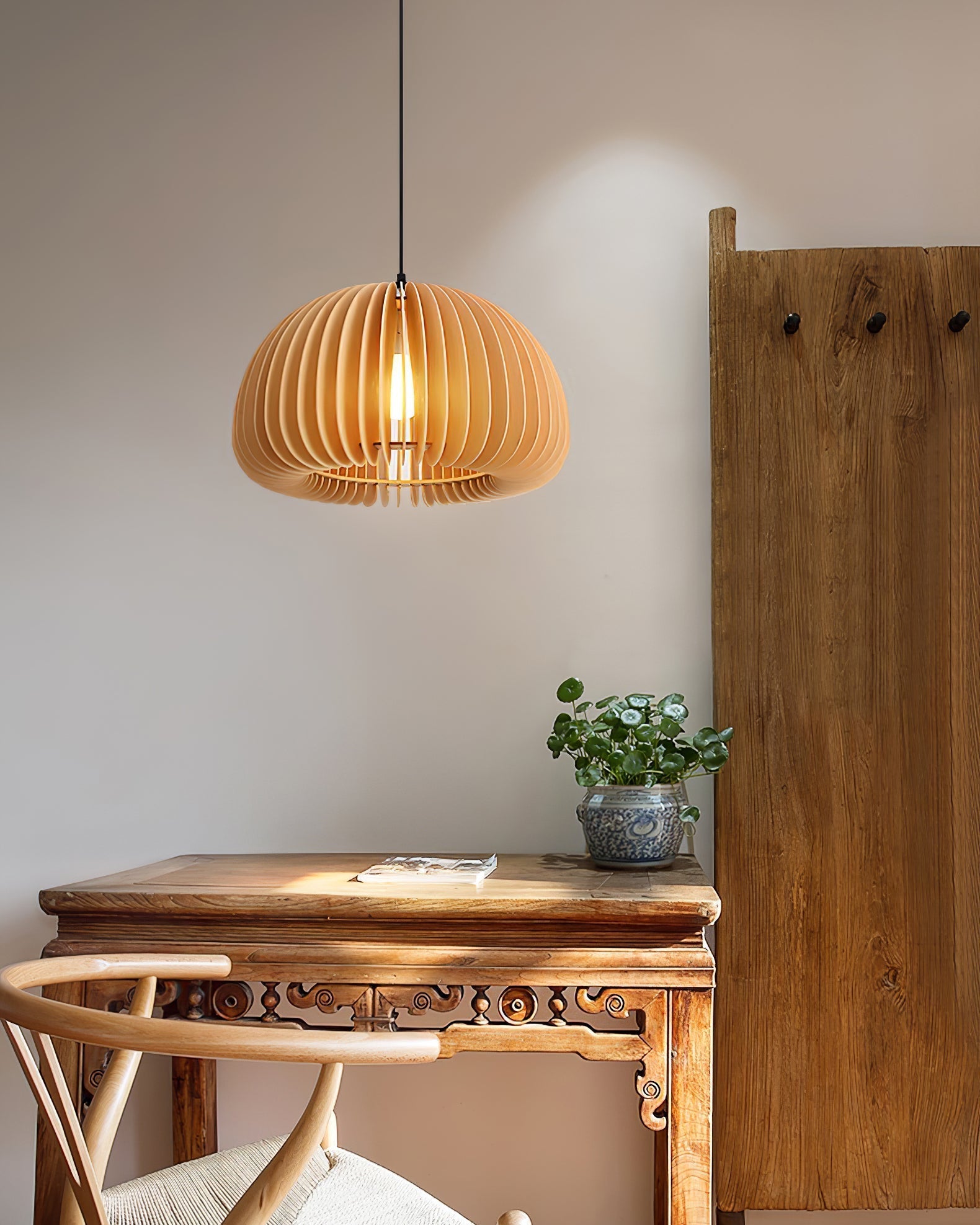 Solara Pendant Lamp Wood Pumpkin Dome Nordic - Letslighting