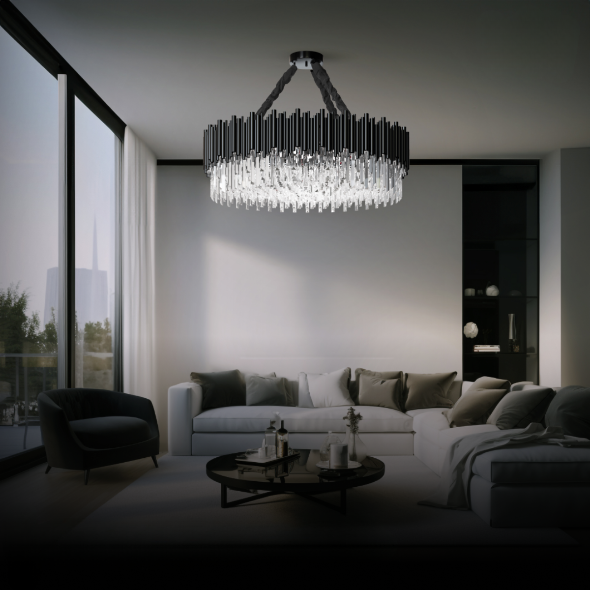 Kristy Industrial Cylindrical Glass Metal Chandelier Living Room