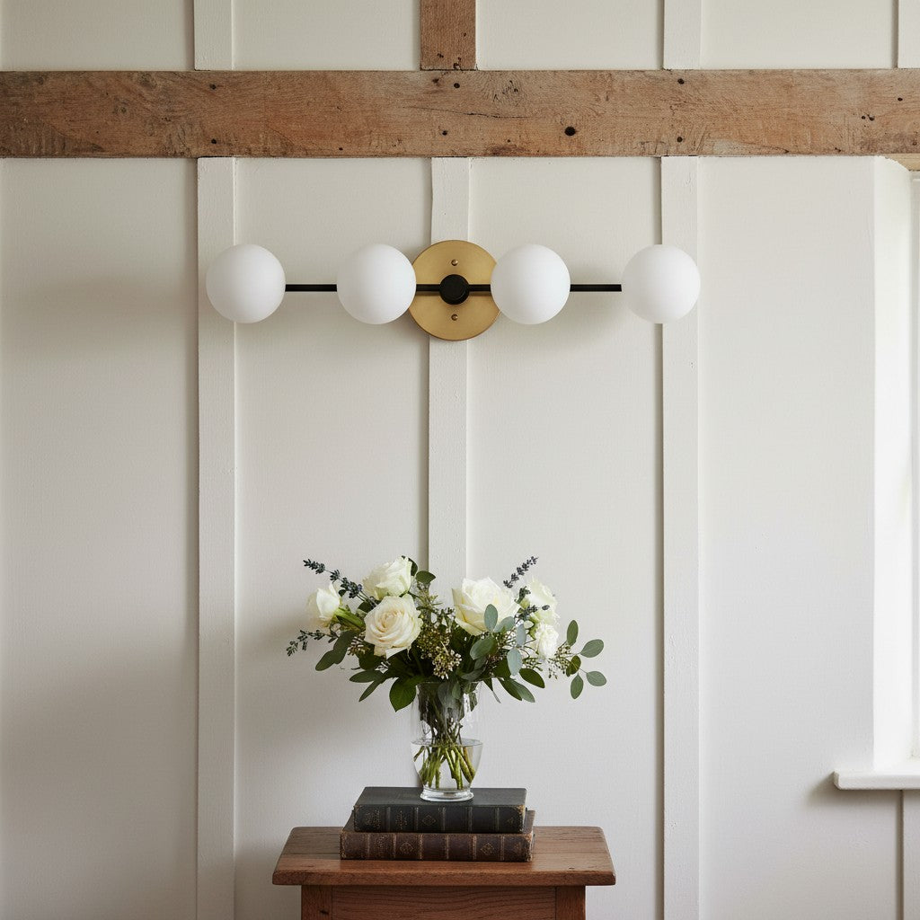 Pearl Brass Milk Glass 4-Light Wall Sconce Bathroom
