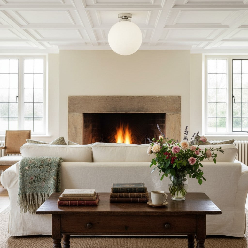 Pearl White Brass Globe Ceiling Light Contemporary