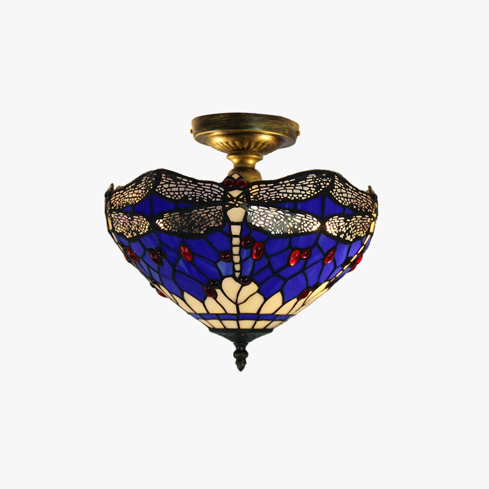 Tiffany Vintage Flush Mount Ceiling Light Blue Dragonfly Living Room - Letslighting