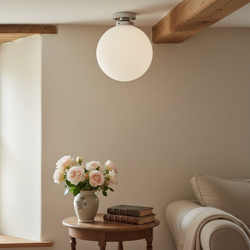 Pearl White Brass Globe Ceiling Light Contemporary