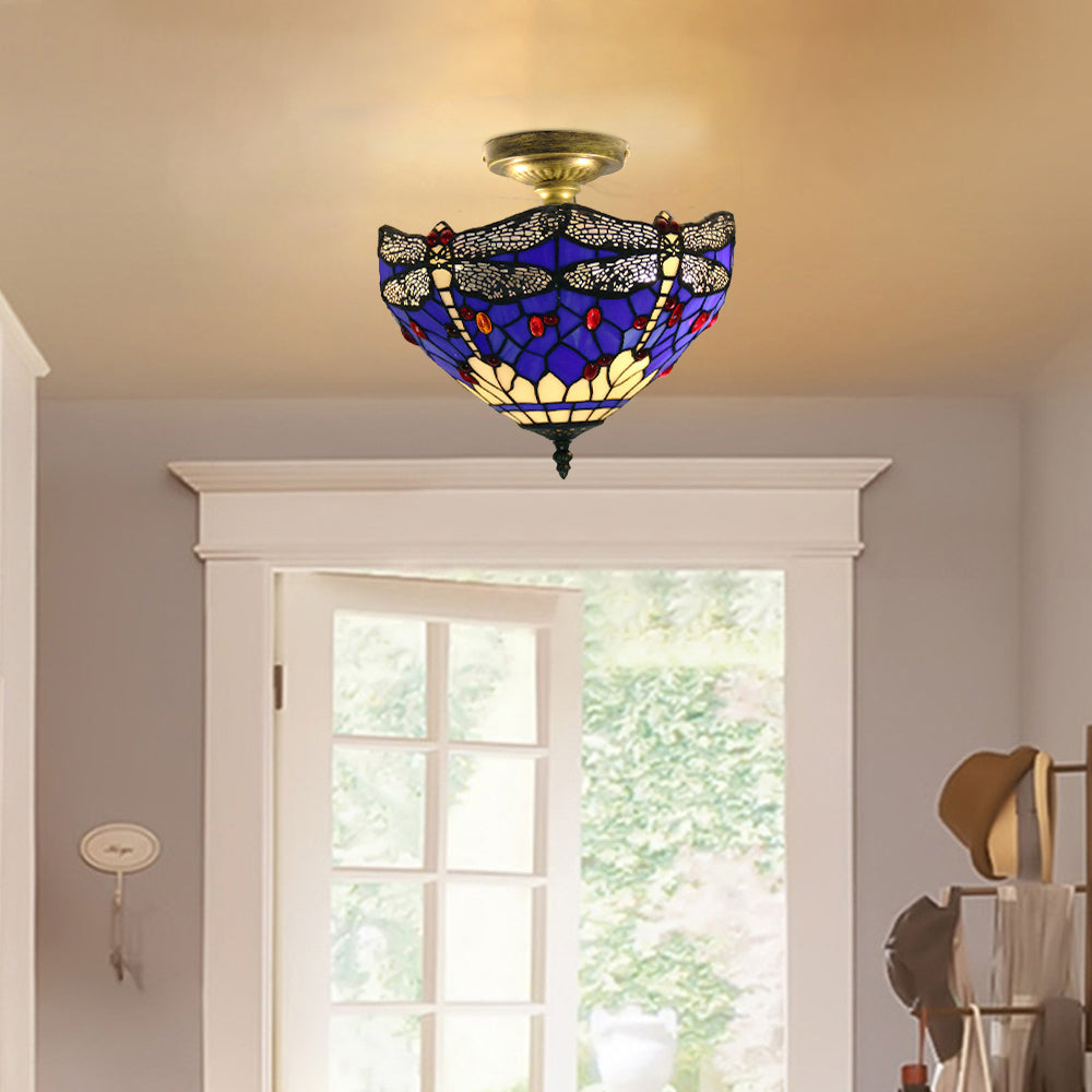 Tiffany Vintage Flush Mount Ceiling Light Blue Dragonfly Living Room - Letslighting