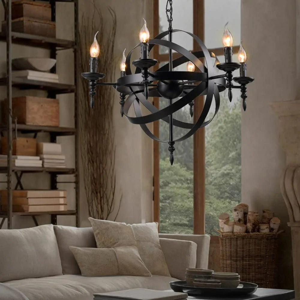 Silva Retro Candle LED Chandelier Metal Glass Black Dining Room